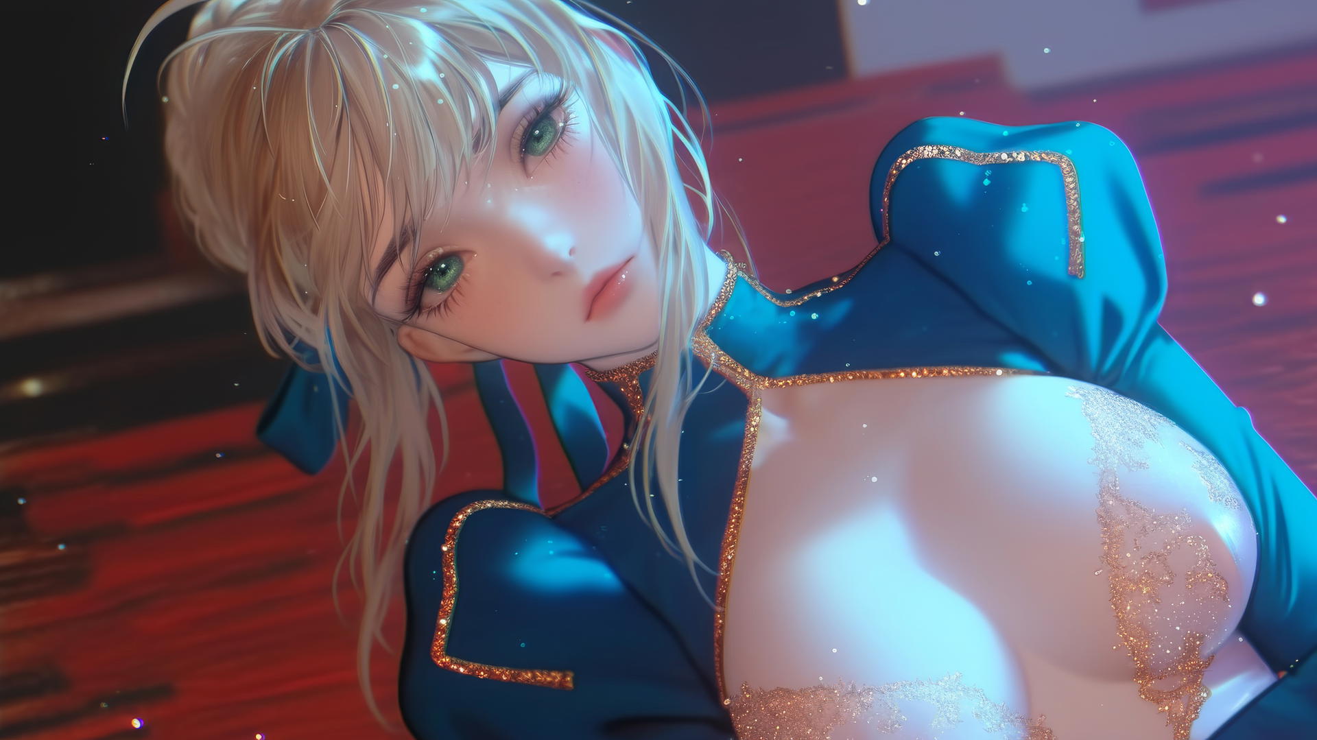 Saber from Fate Zero kneeling and leaning, seen from below with a ceiling background.