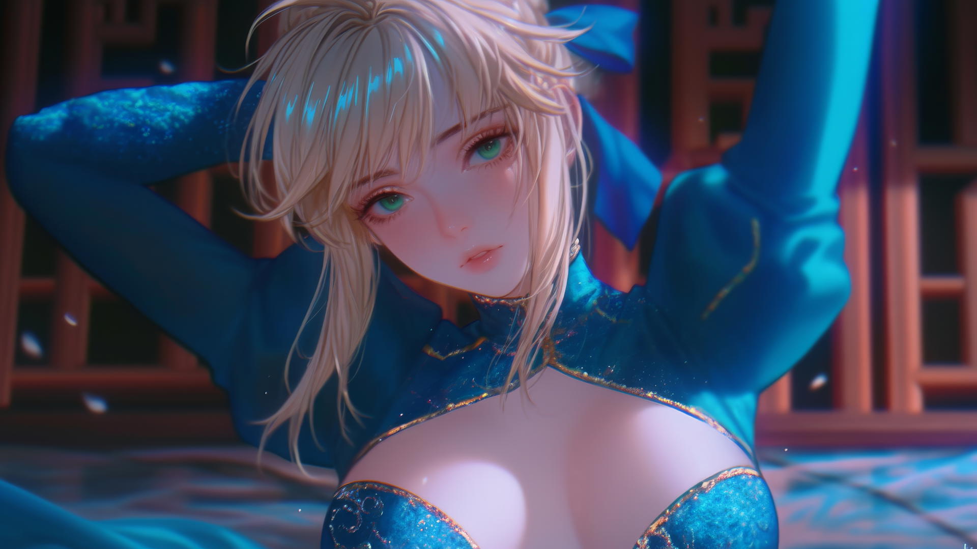 Saber from Fate Zero with green eyes kneeling and leaning, warm light, ceiling background
