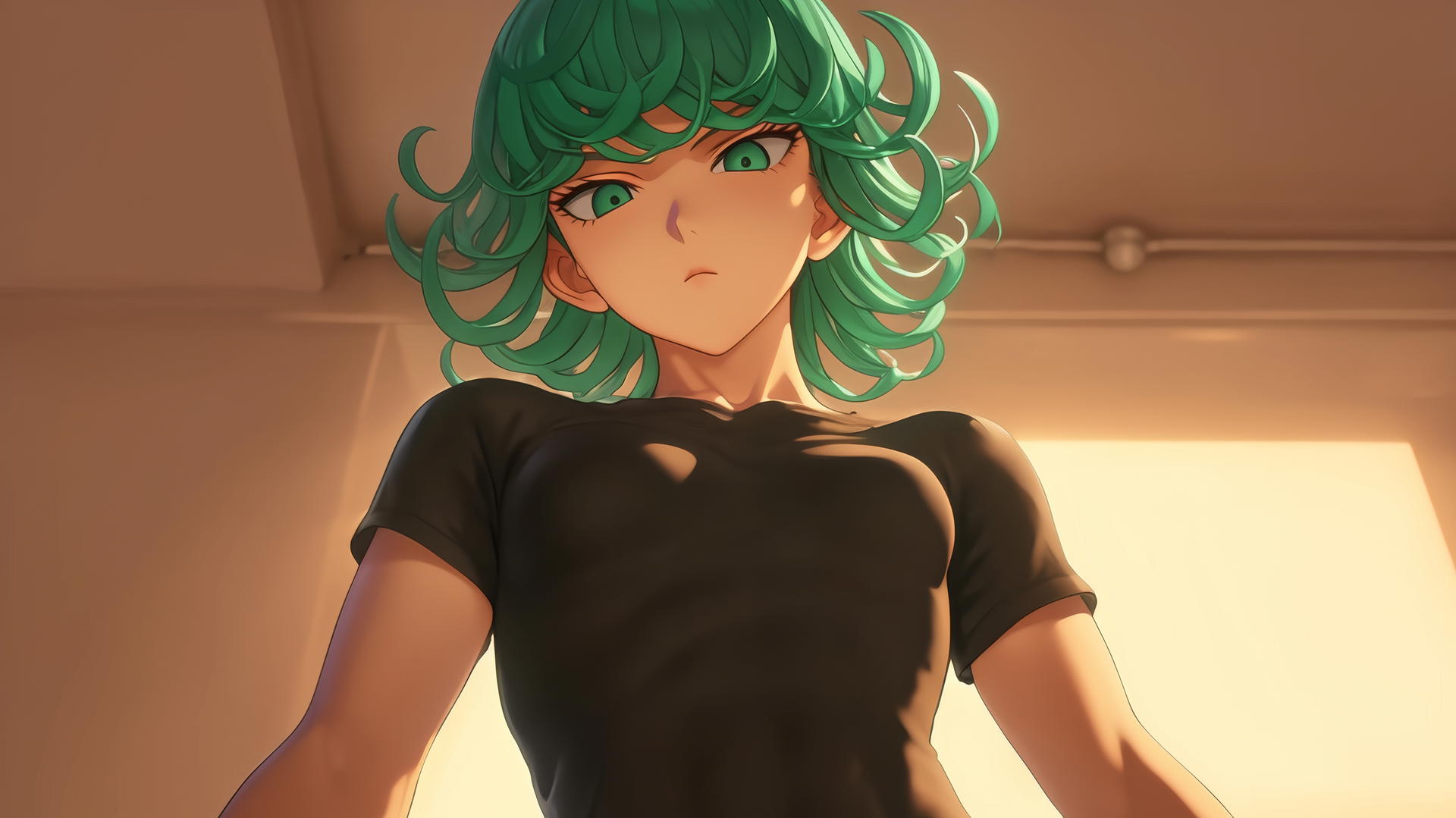 Tatsumaki from One-Punch Man kneeling and leaning forward, seen from below, with emerald green hair and eyes.
