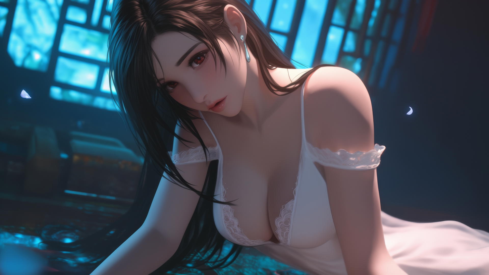 Tifa Lockhart in a wedding dress kneeling, seen from below with a ceiling background.
