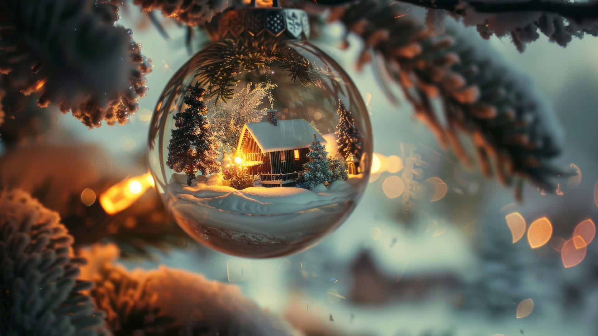 Glass Christmas balls with snow-covered villages hanging on a tree