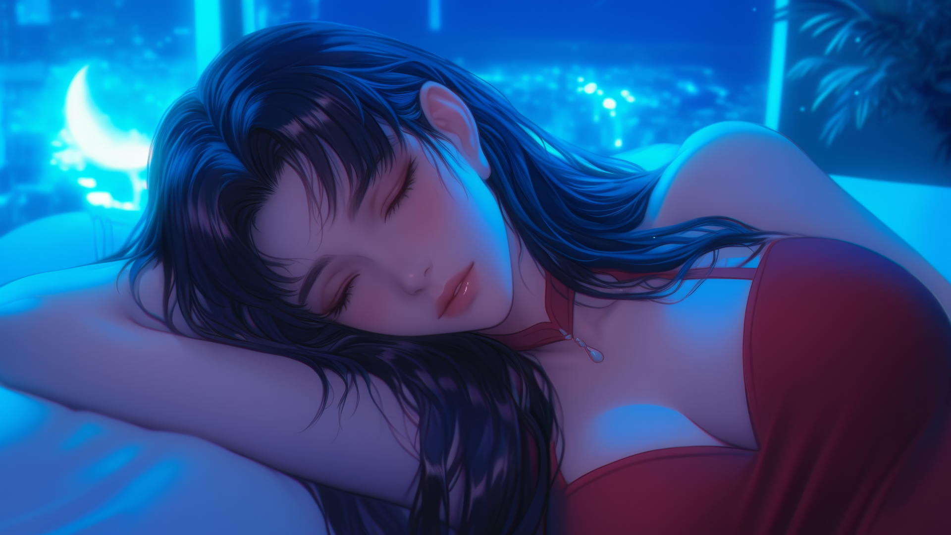Misato Katsuragi with wavy dark violet hair and dark brown eyes resting in a moonlit modern hotel room.