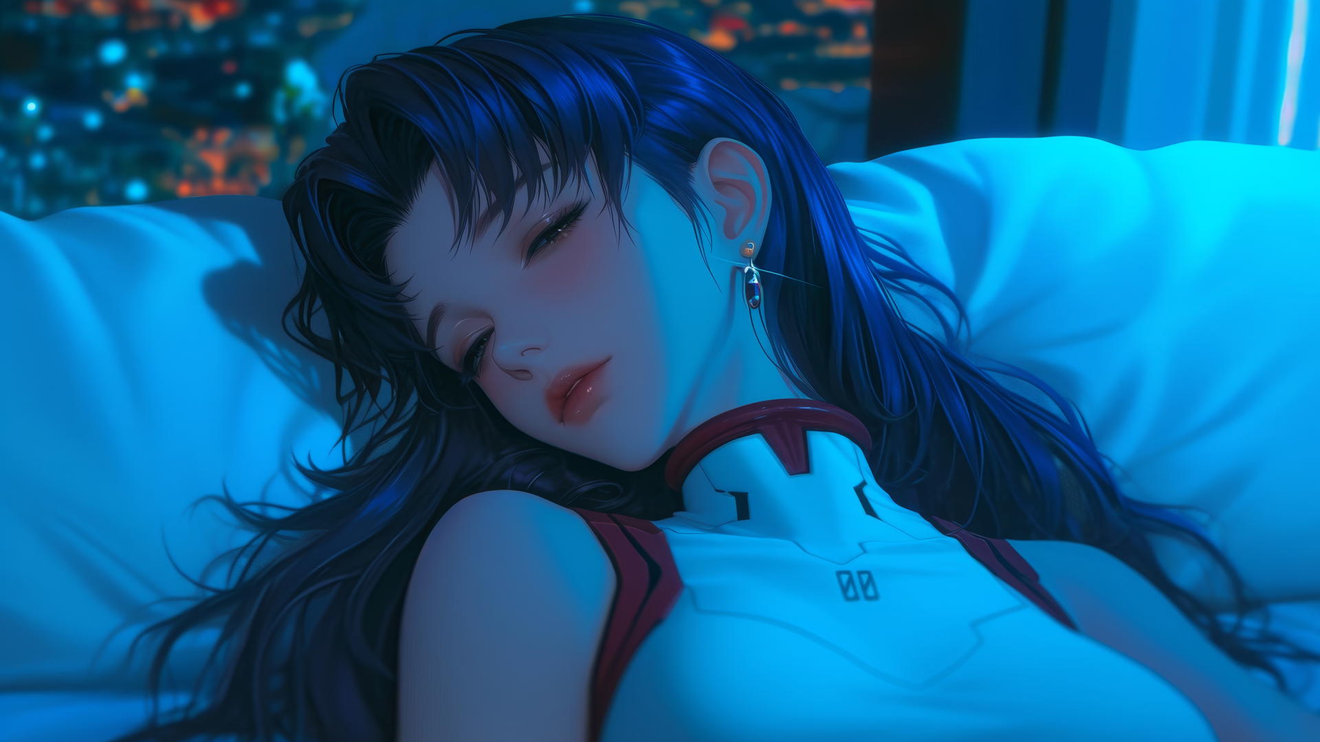 Misato Katsuragi with long dark violet hair and dark brown eyes rests in a modern hotel room with soft moonlight.