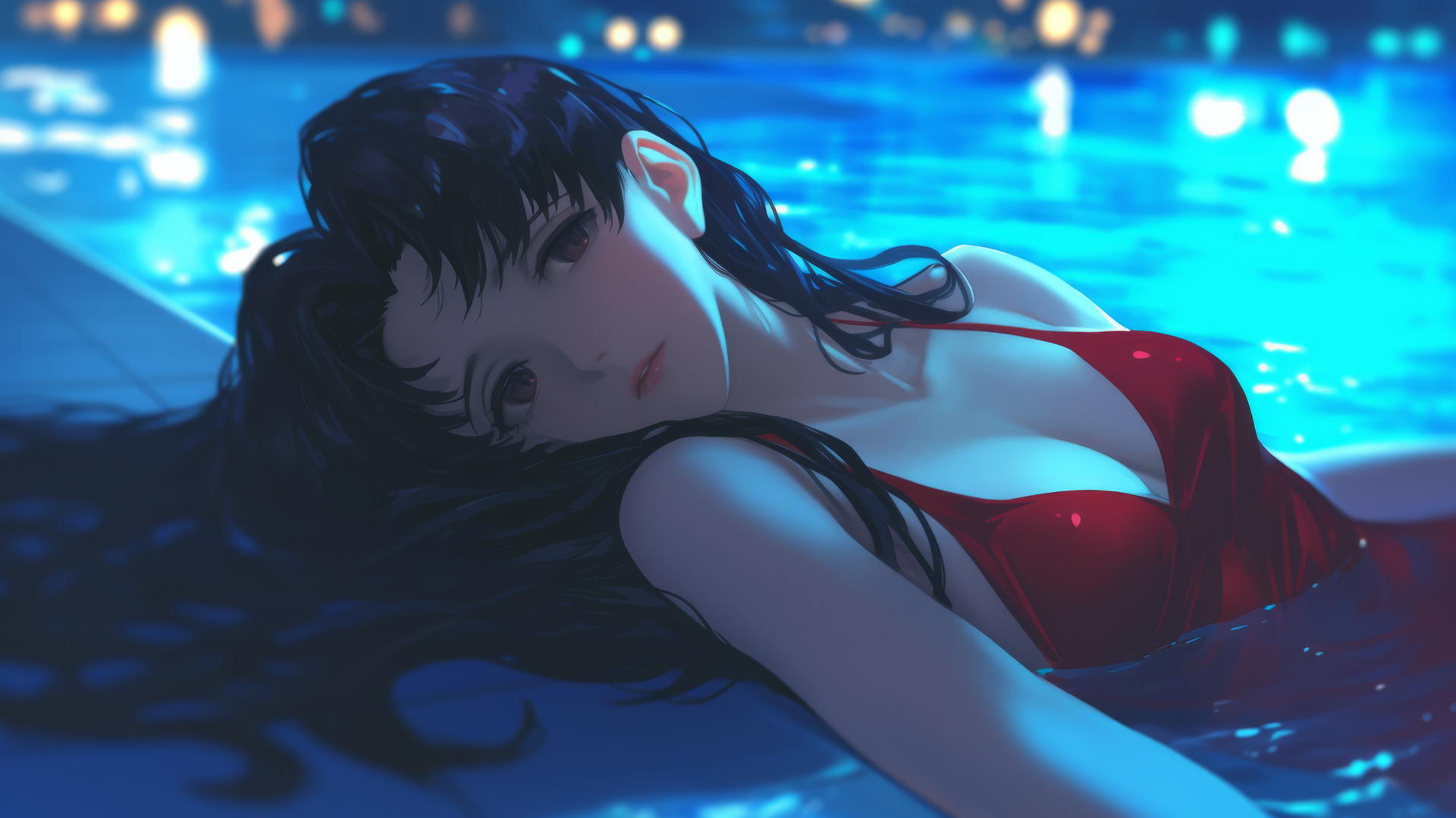 Misato Katsuragi from Neon Genesis Evangelion resting at a glowing pool under moonlight.