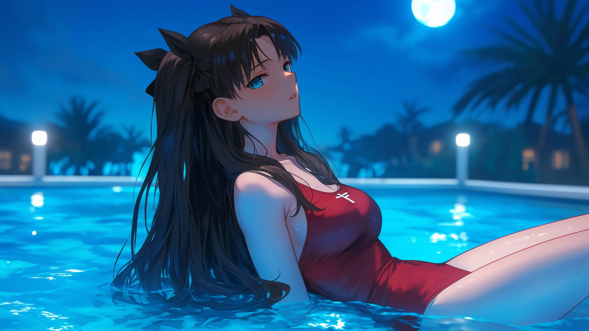 Rin Tohsaka from Fate/stay night resting in a swimming pool under moonlight