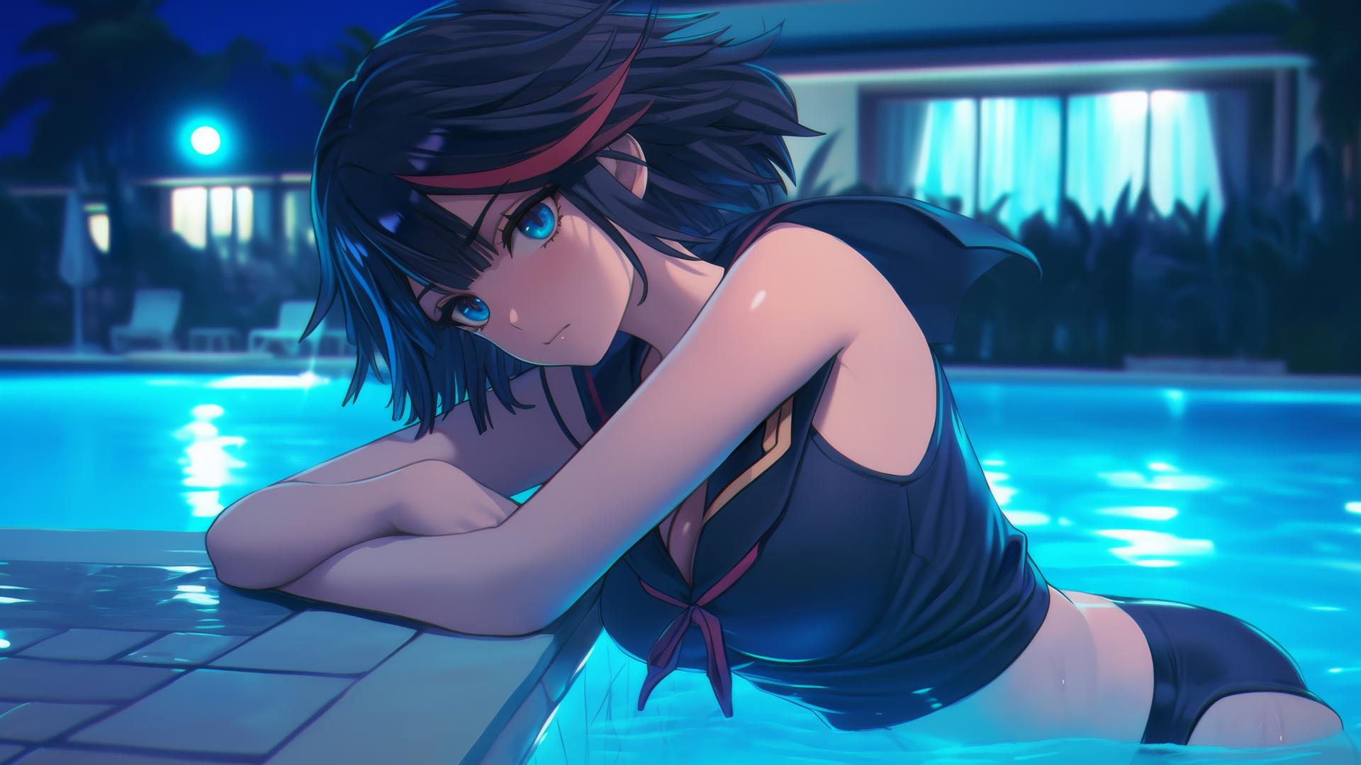 Ryuko Matoi with black, feathery hair and a red streak, relaxing by the pool under moonlight.