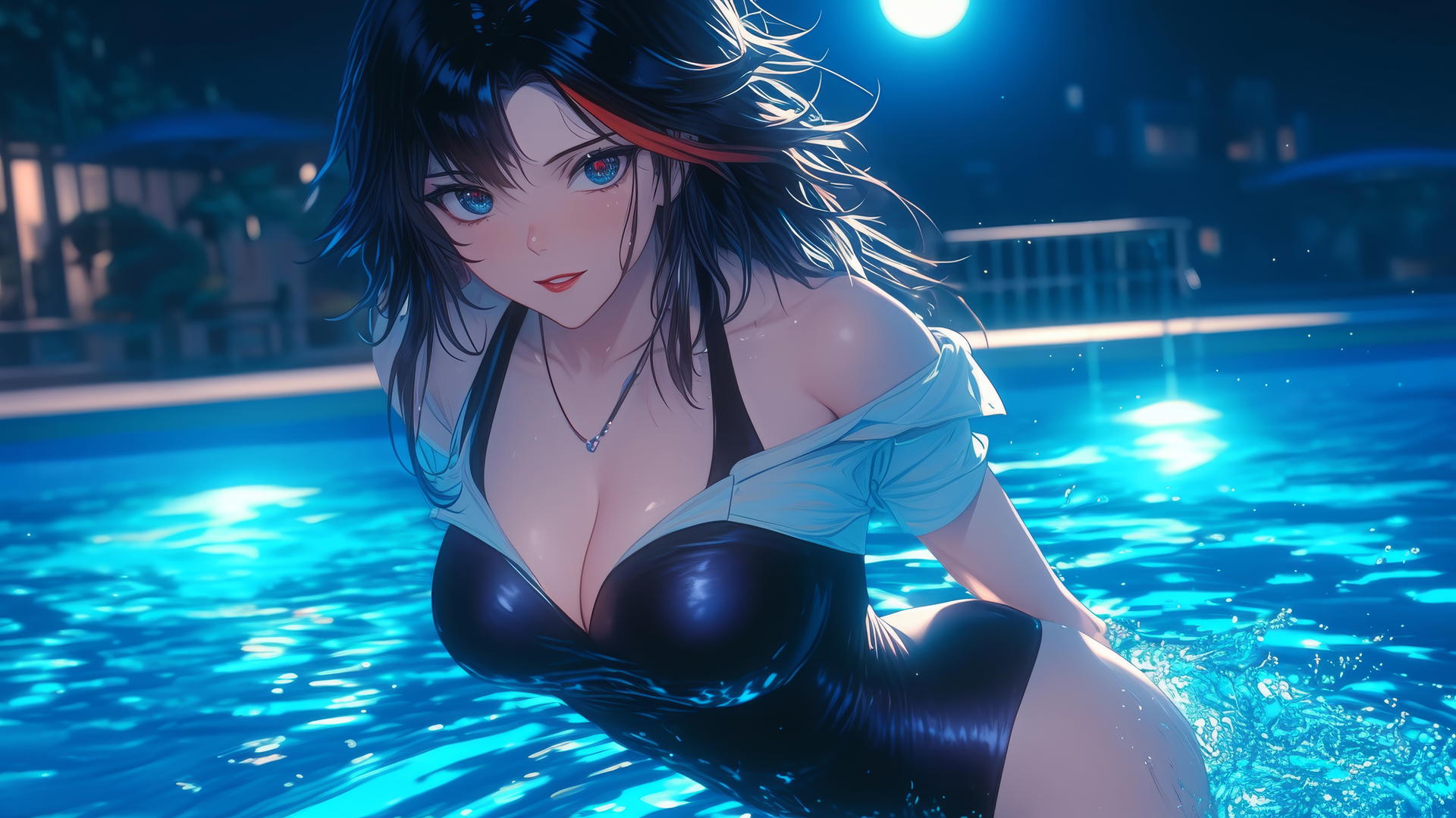 Ryuko Matoi with black feathery hair and a red streak, gear-shaped pupils, jumping out of a moonlit pool.