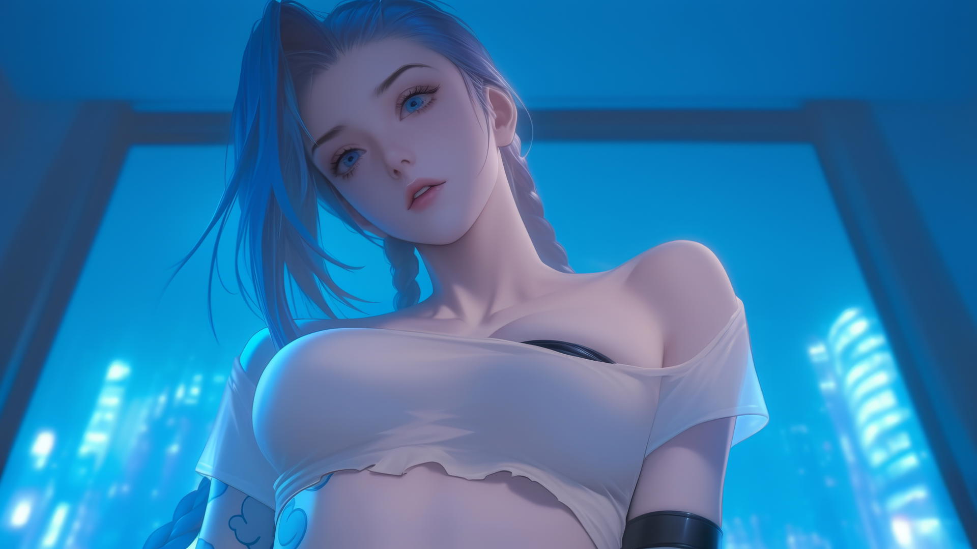 Jinx from League of Legends, in broken white t-shirt, kneeling, warm light