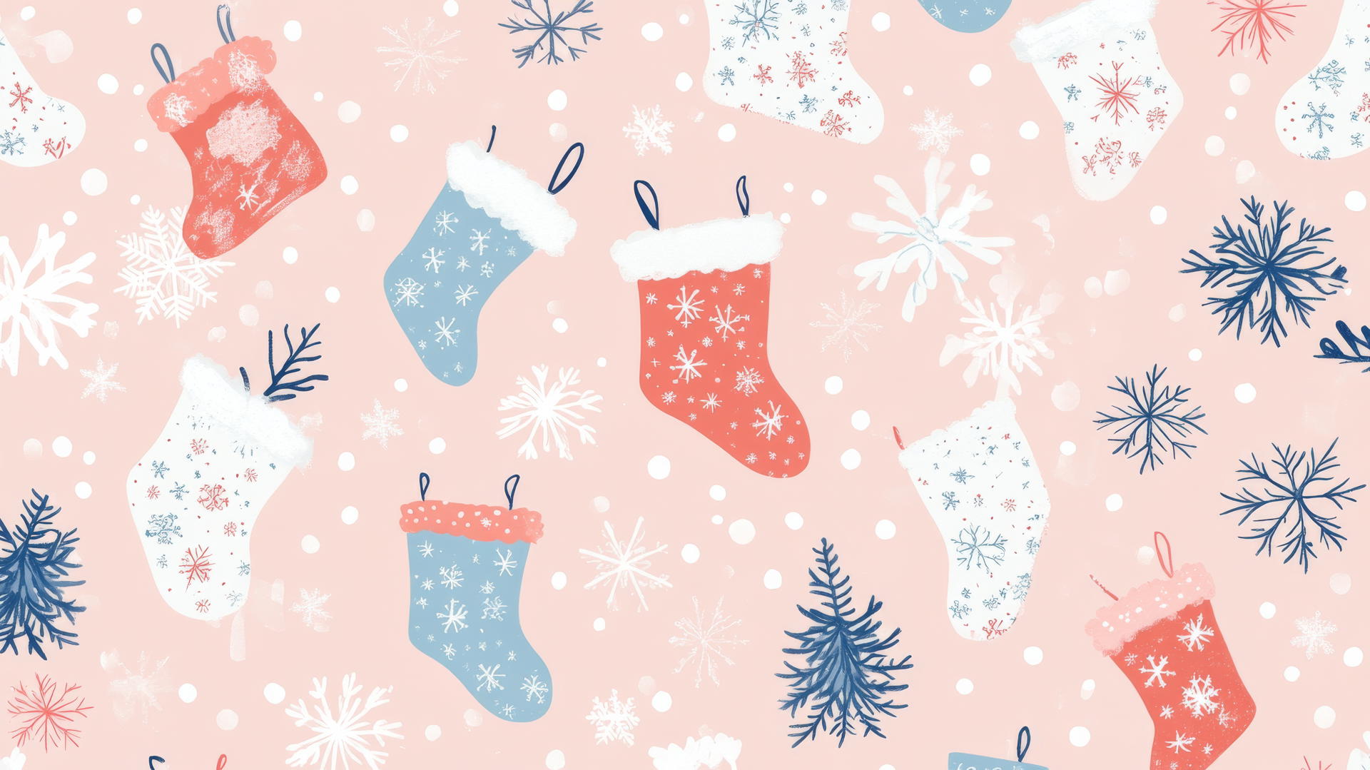 preppy Christmas wallpaper with pastel stockings and snowflakes on pink background