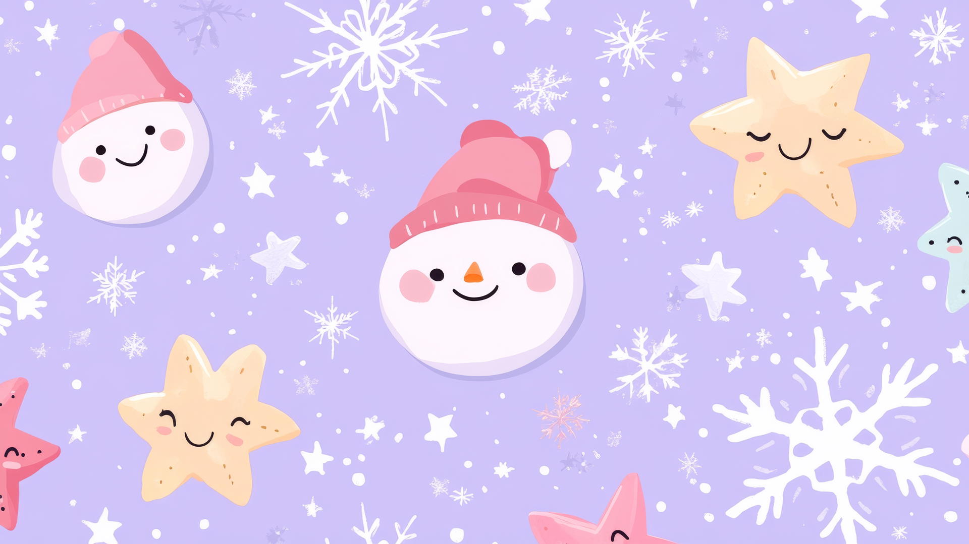 Smiling snowflakes and stars on pastel purple background, cute cartoon style, aesthetic preppy Christmas wallpaper