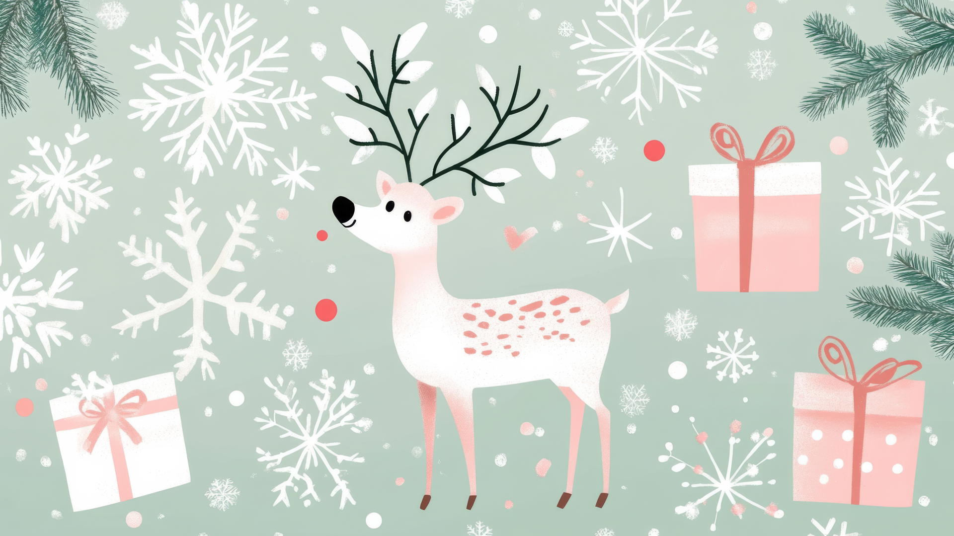 cute Christmas wallpaper preppy with reindeer, snowflakes, and wrapped gifts