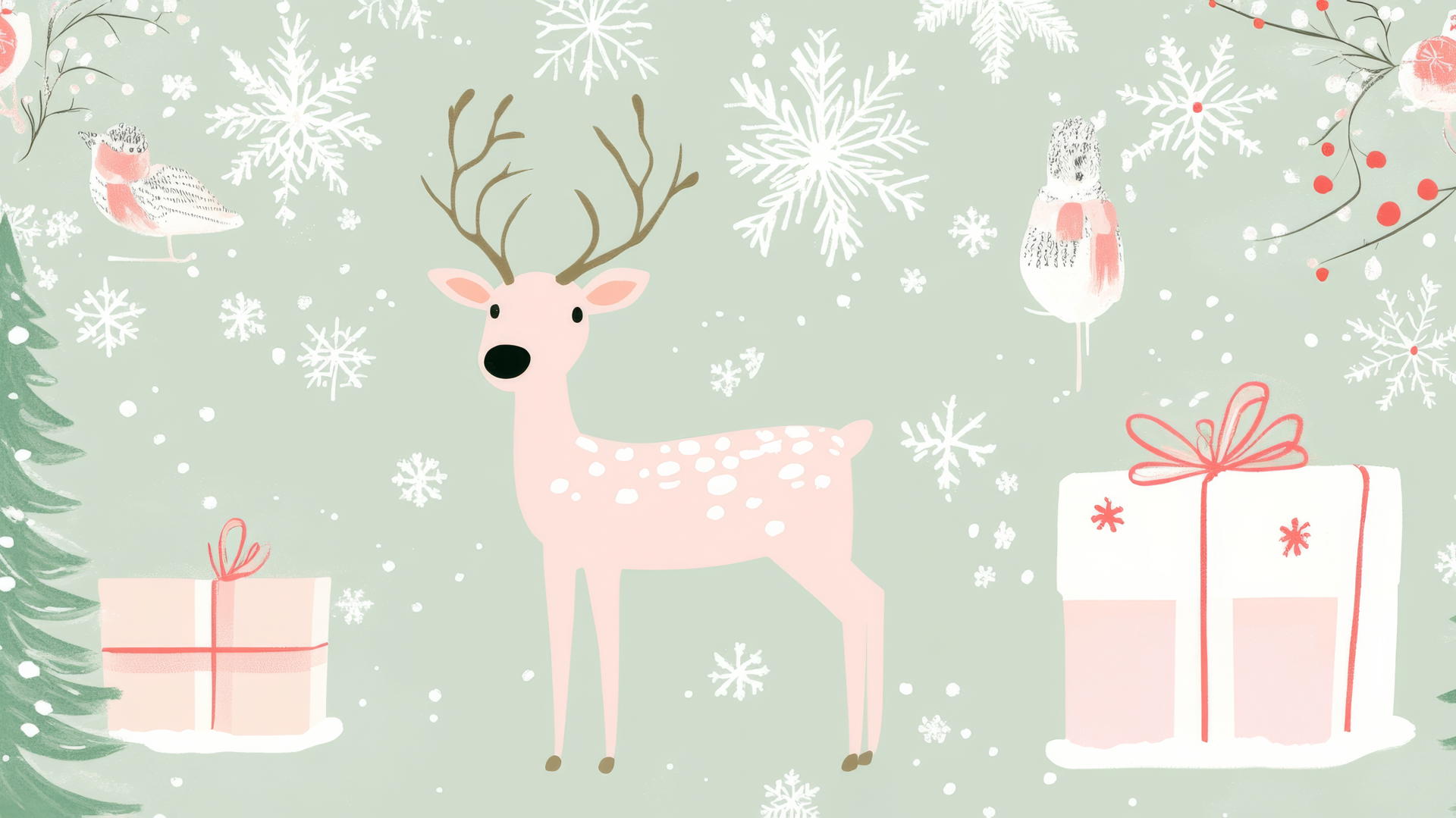 cute Christmas wallpaper preppy with reindeer, snowflakes, and wrapped gifts in pastel colors