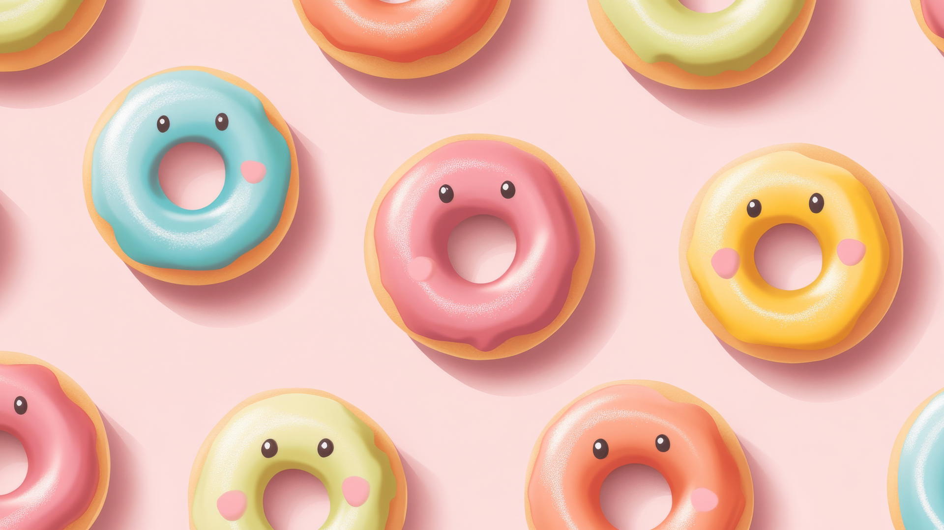 preppy wallpaper with smiley face donuts and colorful glazes on pink background