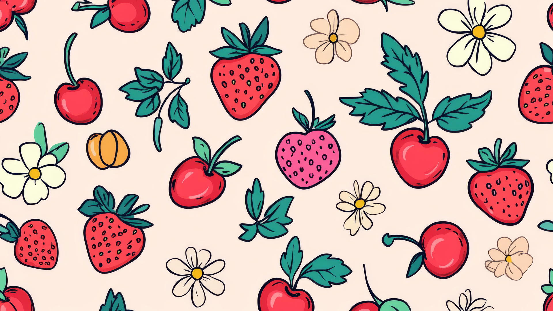 Preppy wallpaper with hand-drawn strawberries, cherries, and flowers