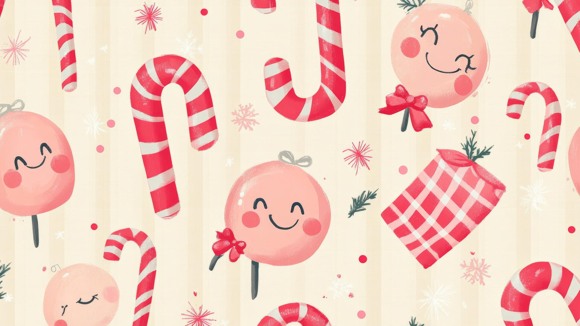 Preppy wallpaper with retro Christmas design of candy canes and smiling faces in pink and red.
