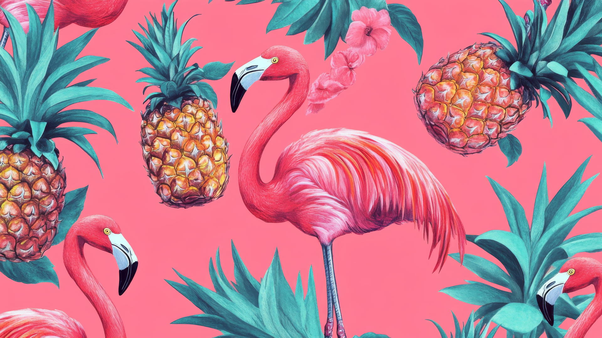 preppy pink wallpaper with pink flamingos and pineapples, turquoise accents, hot pink background