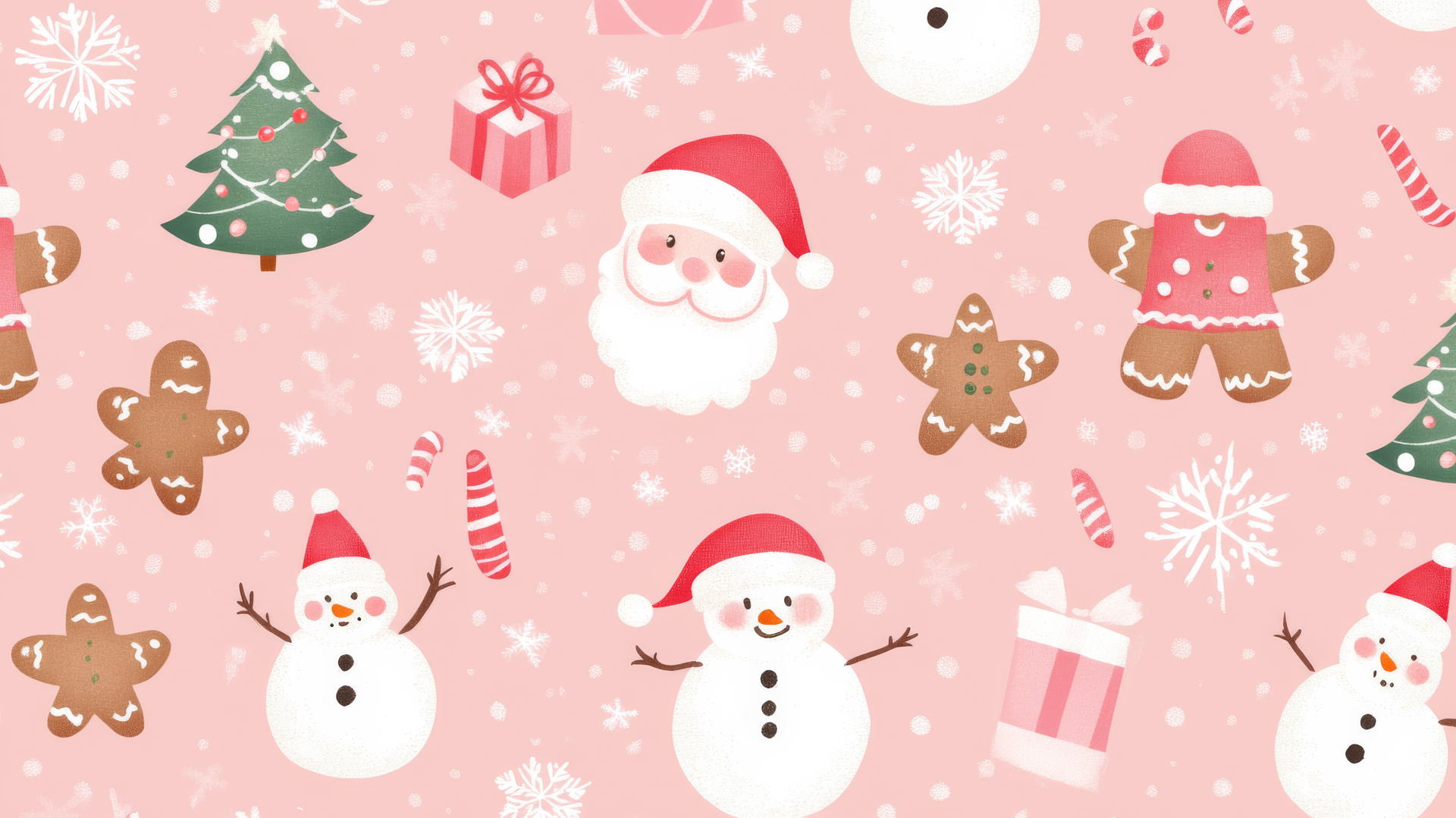 preppy pink wallpaper with pink Santa, gingerbread cookies, snowmen, and Christmas trees on a pastel pink background
