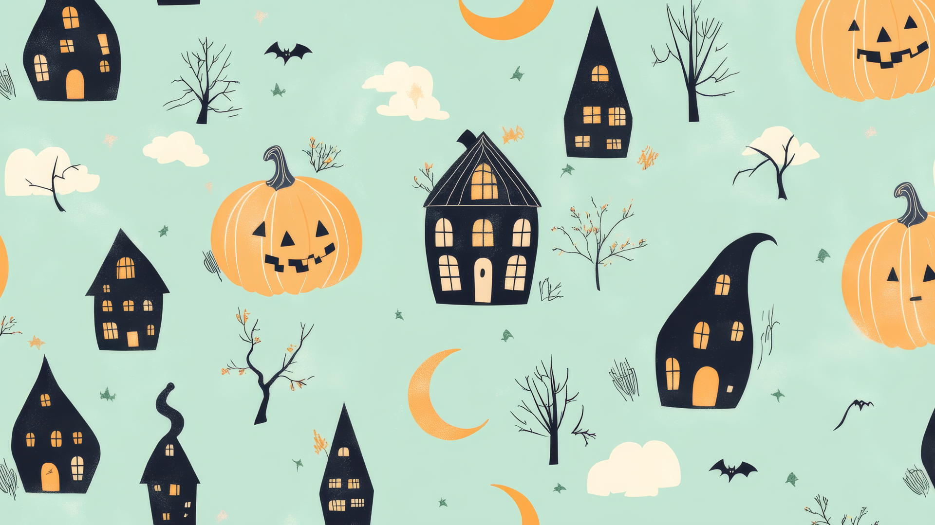 Halloween wallpaper preppy with playful pumpkins, haunted houses, and crescent moons