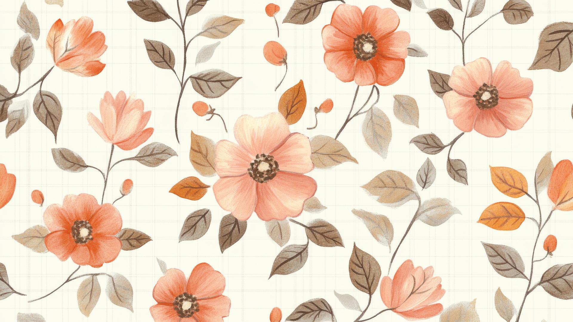 preppy autumn wallpaper with hand-drawn fall flowers and leaves in pastel pinks, oranges, and browns on light cream background