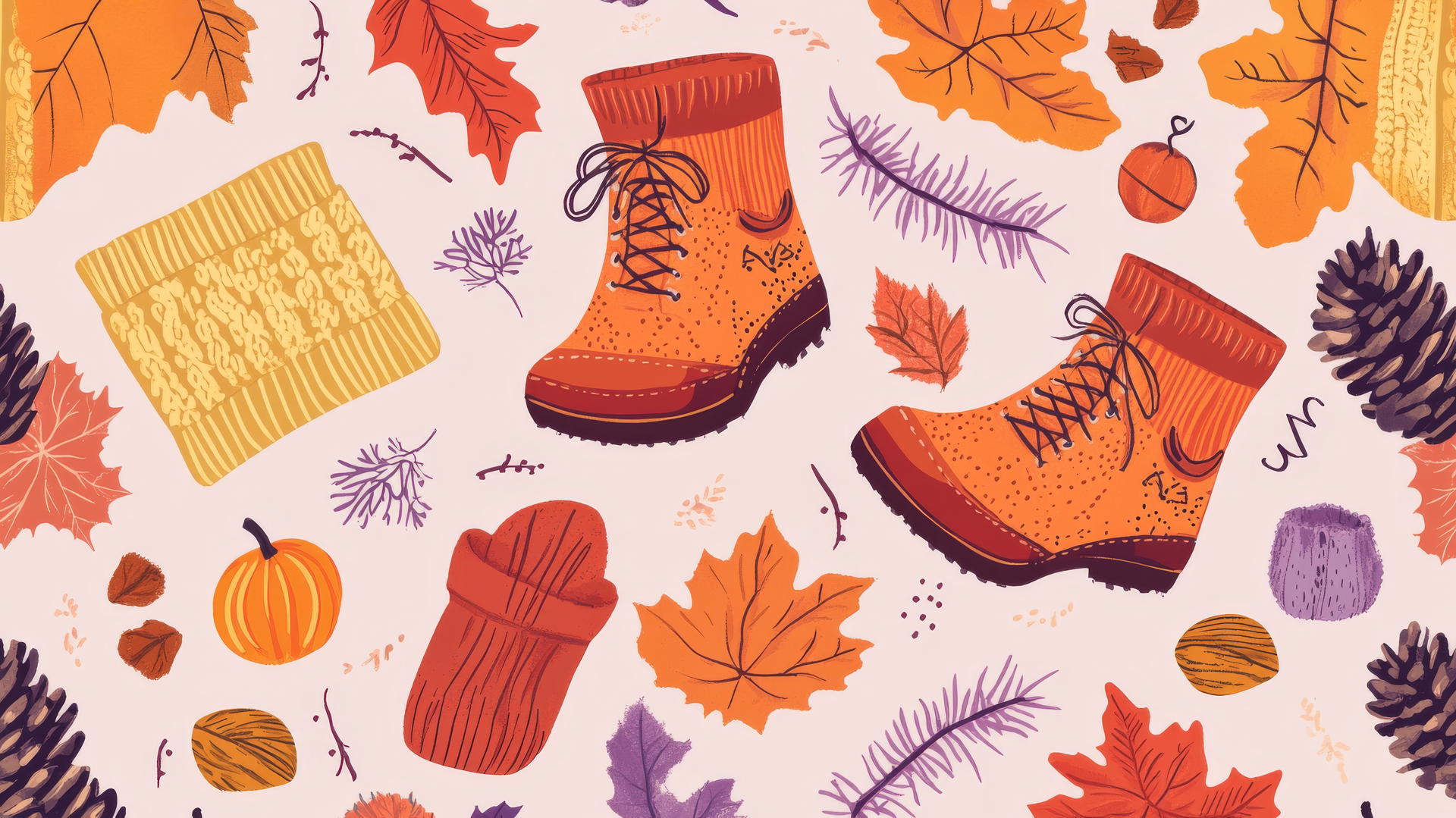 preppy autumn wallpaper with cozy sweaters, boots, and mittens on lavender background