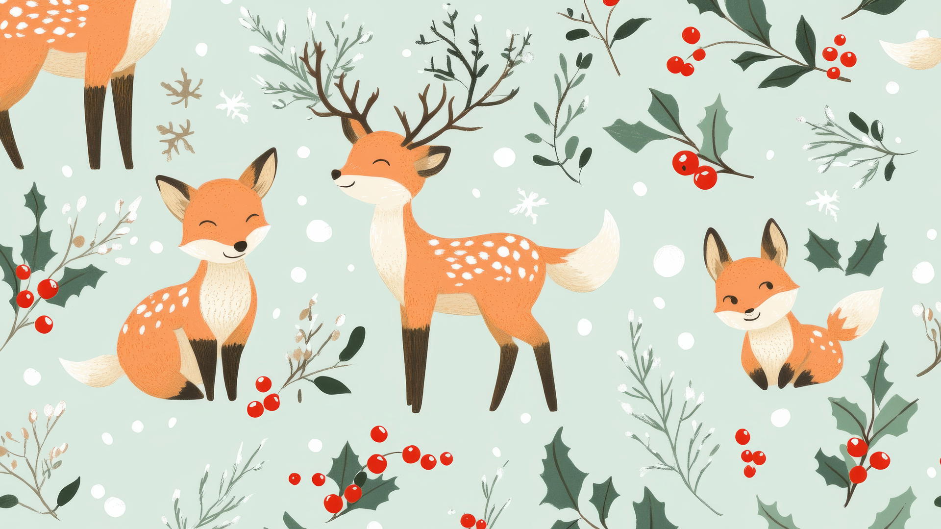 Preppy winter wallpaper with deer and foxes among holly