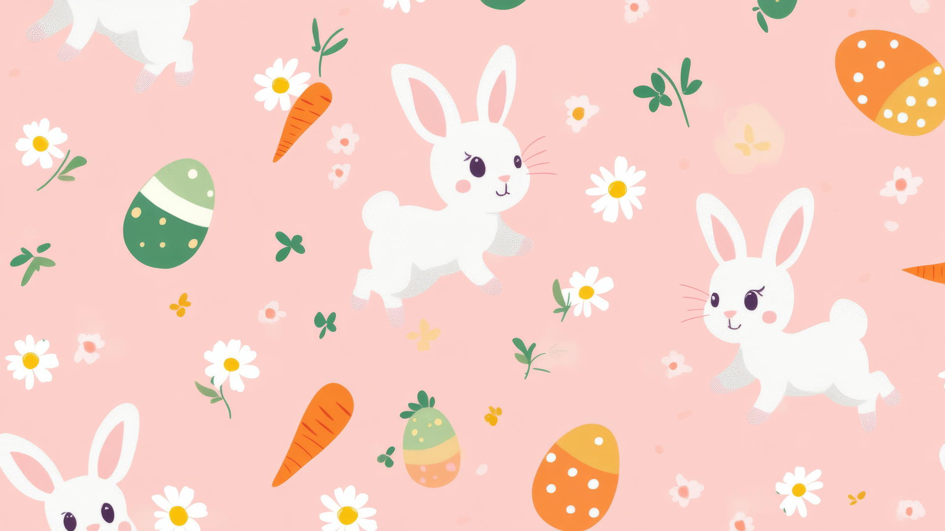 Preppy Easter wallpaper with cute cartoon bunnies, carrots, Easter eggs, and daisies on a pastel pink background