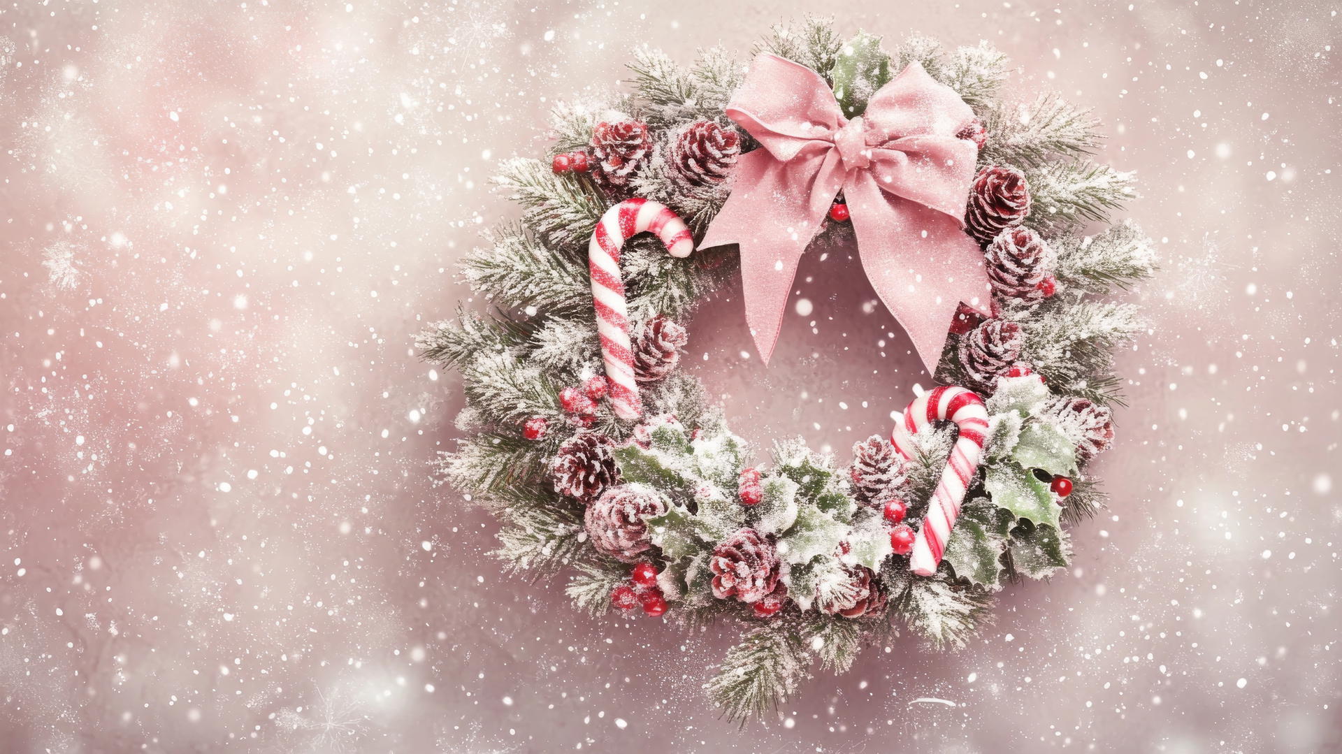 Cute wallpapers for Christmas: pastel-colored wreath with holly, pinecones, and candy canes.