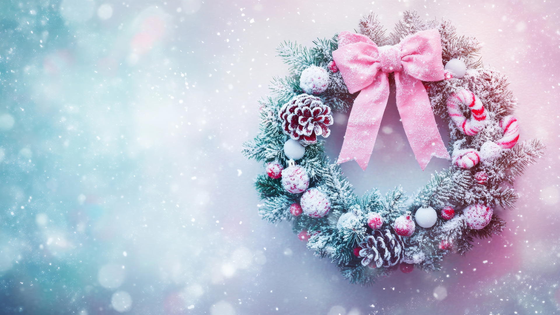 Cute wallpapers for Christmas: Pastel-colored wreath with holly, pinecones, candy canes, bow, and snow