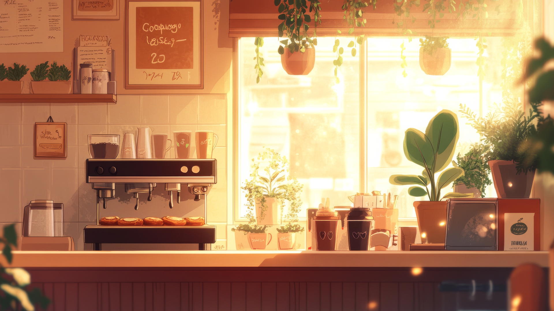 cute aesthetic wallpapers of a cozy coffee shop scene with doodles of coffee cups, pastries, and plants