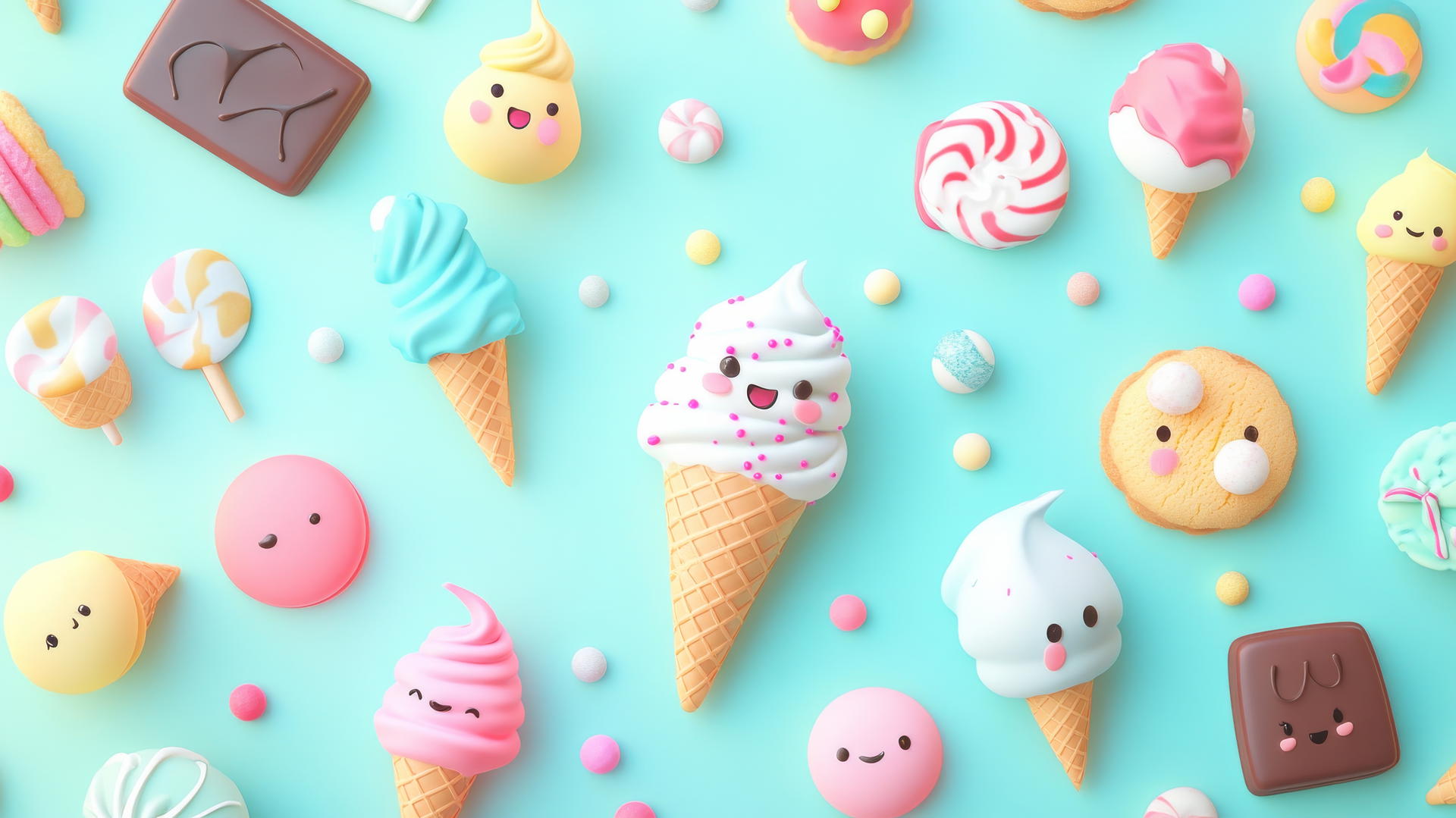 cute wallpapers with smiling cartoon desserts on pastel background