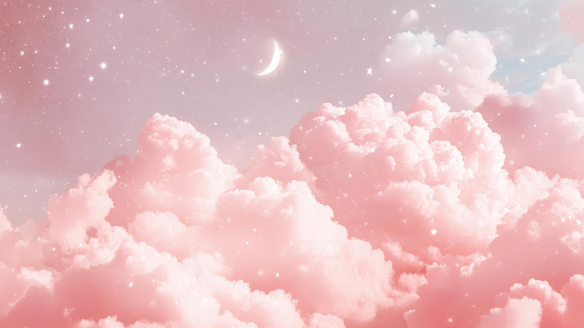 cute pink aesthetic wallpaper with dreamy cloudscape, stars, and moons