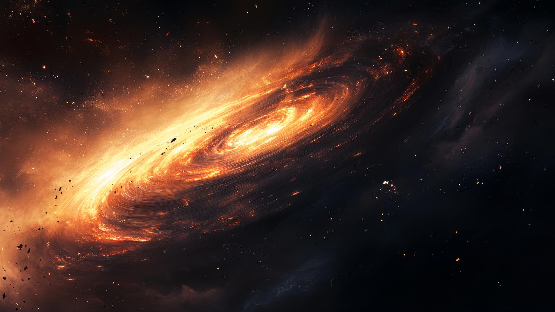 black hole wallpaper with glowing accretion disk of swirling gases and debris