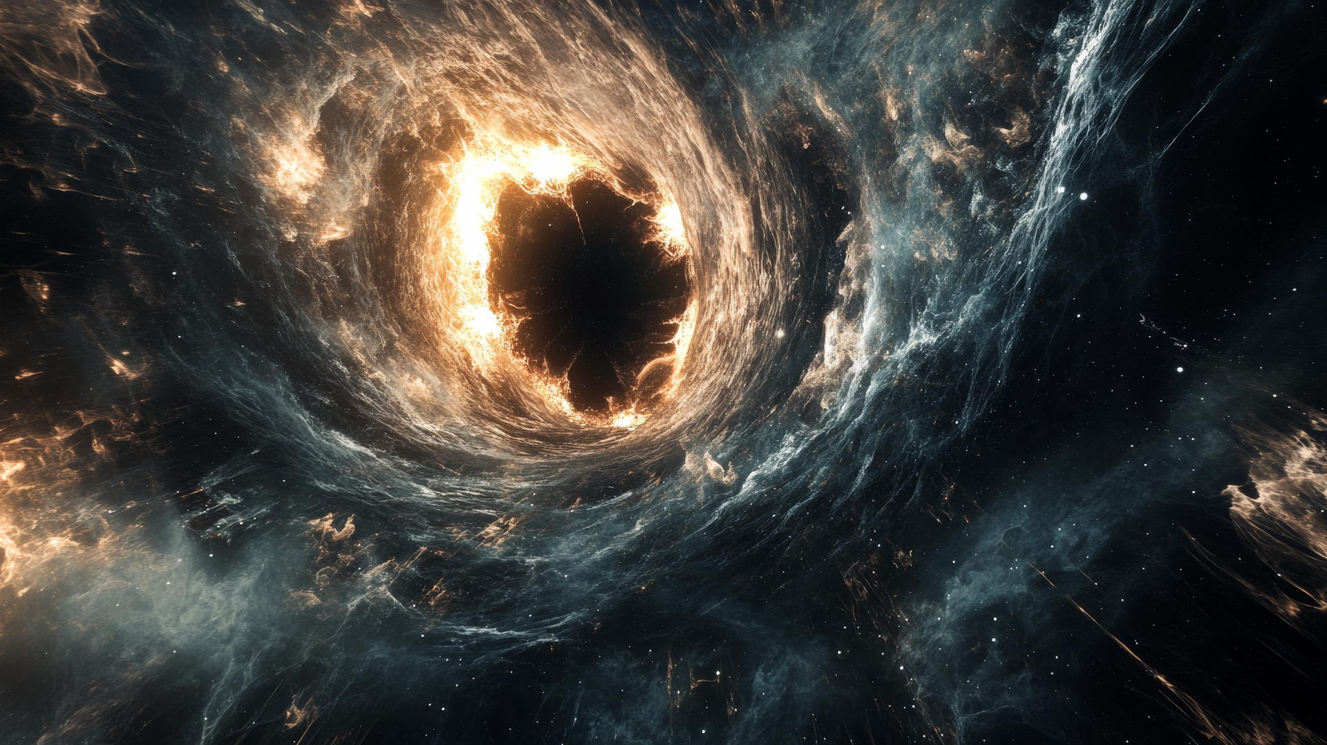 Black hole wallpaper showing close-up view of swirling light and matter around event horizon.