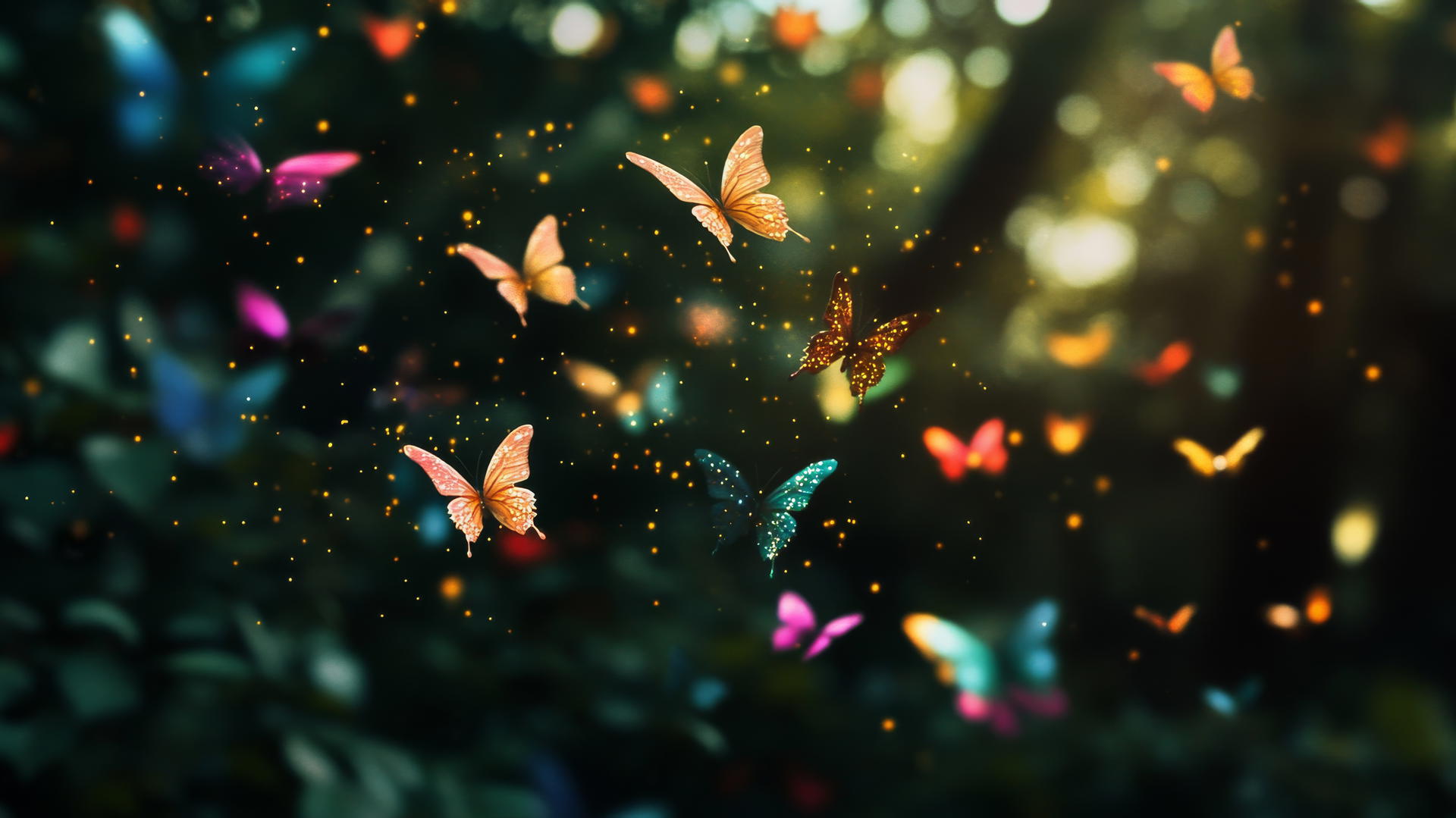 Cute black wallpaper with tiny glowing butterflies in a dark forest