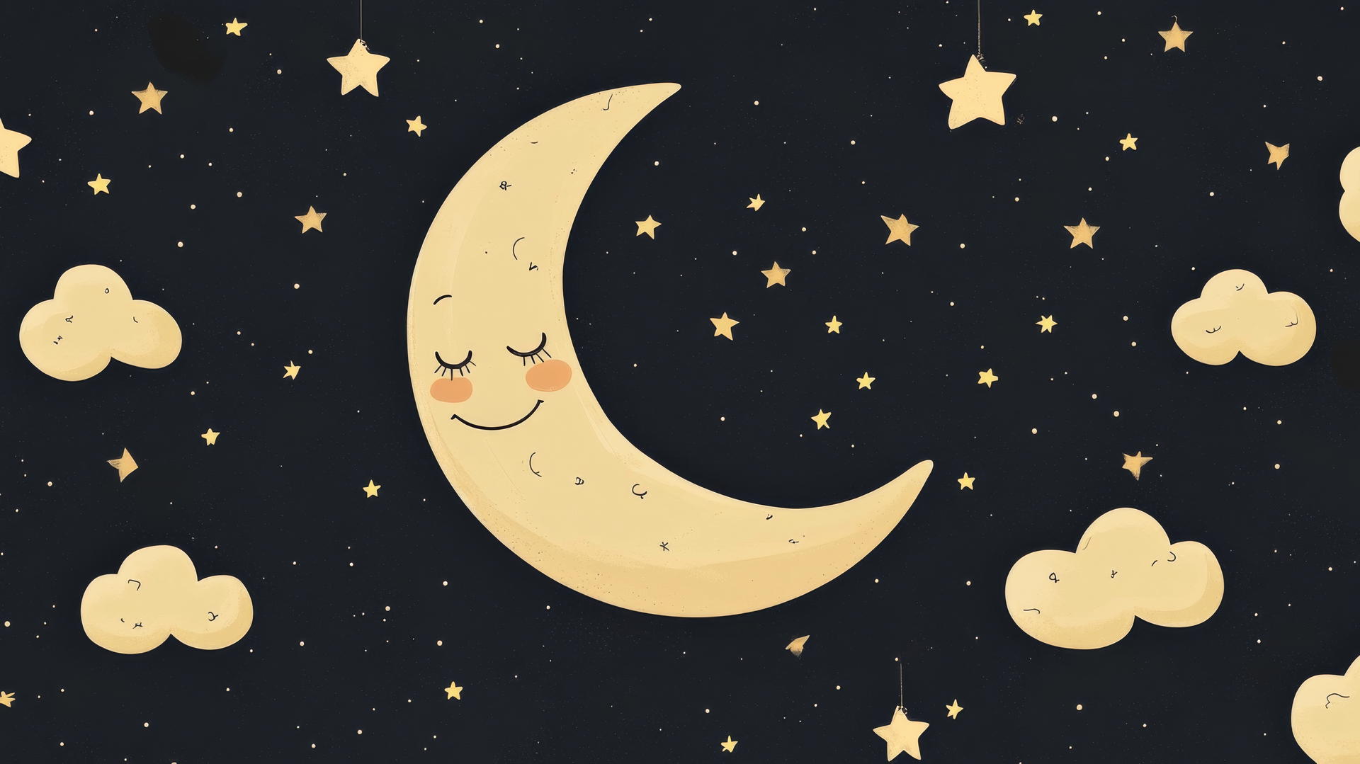 Cute black wallpaper with a smiling crescent moon, stars, and clouds.