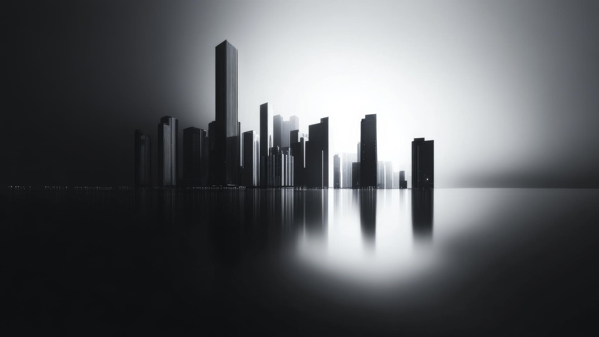 Black and white aesthetic wallpaper of a sleek, modern city skyline with high-rise buildings.