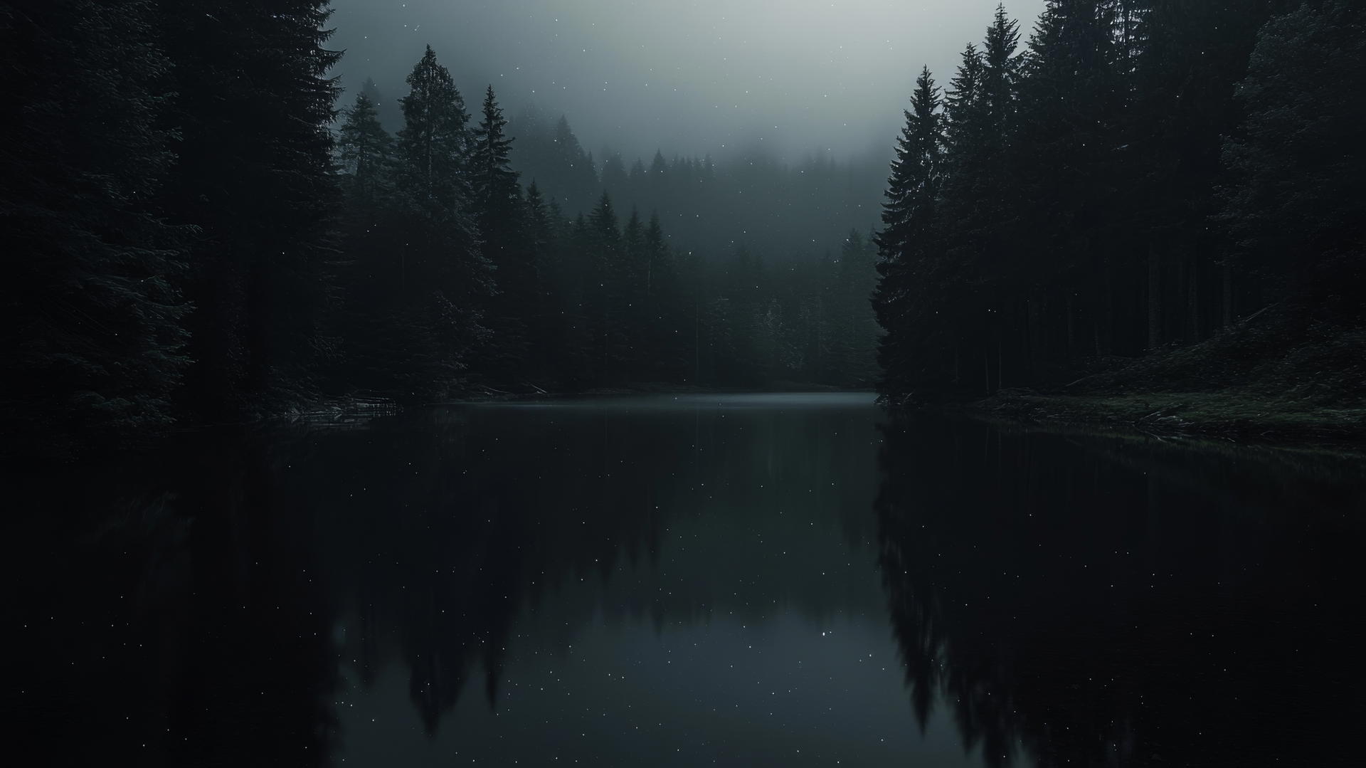 Aesthetic black wallpaper of a serene night scene with a calm lake and dark forest