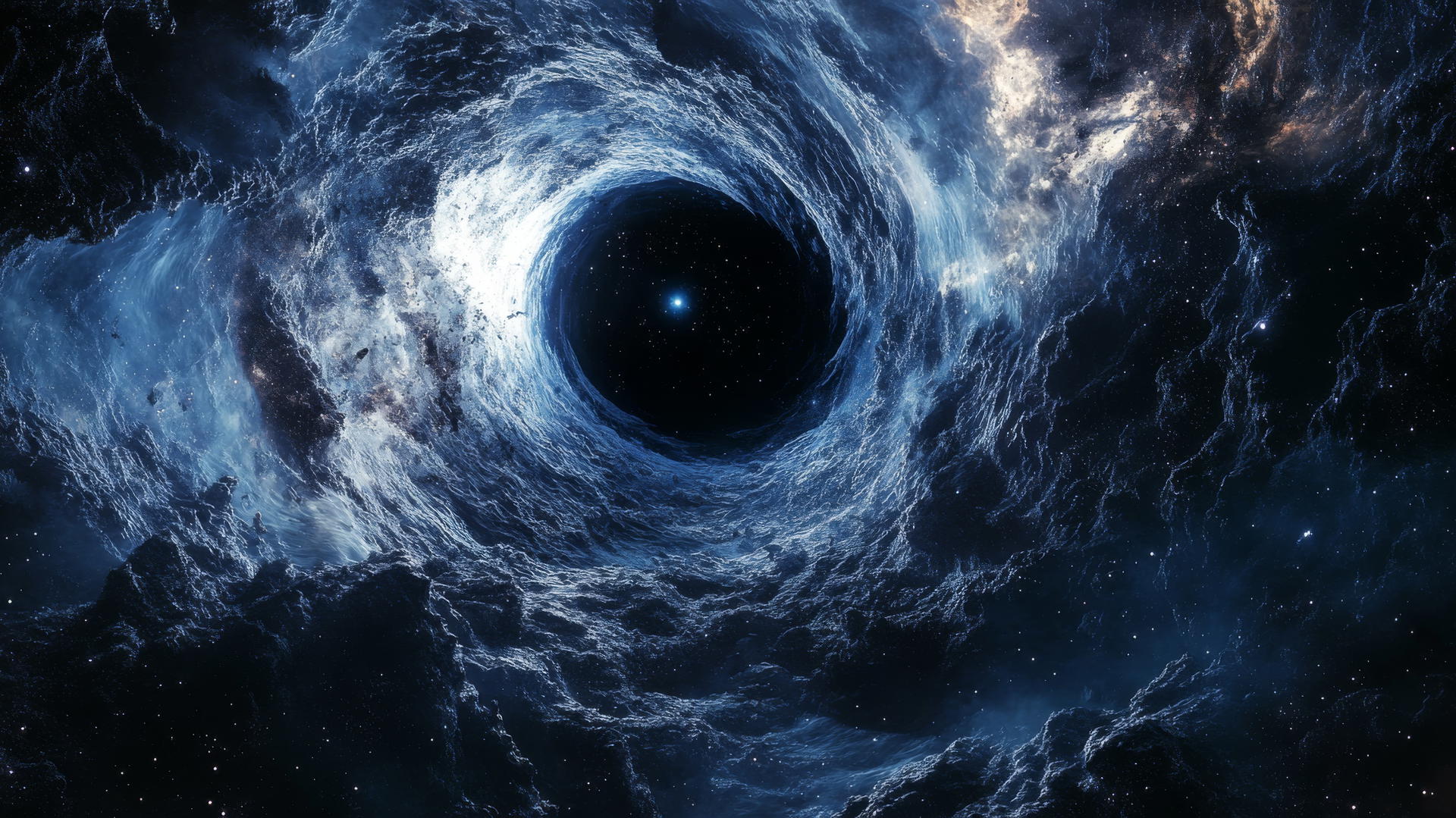 black aesthetic wallpaper with a black hole at the center, surrounded by swirling dark matter and faint stars