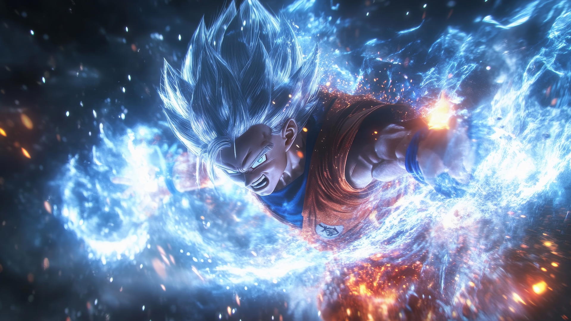Goku Ultra Instinct charging a powerful Kamehameha, silver hair, crystallizing aura with sparks