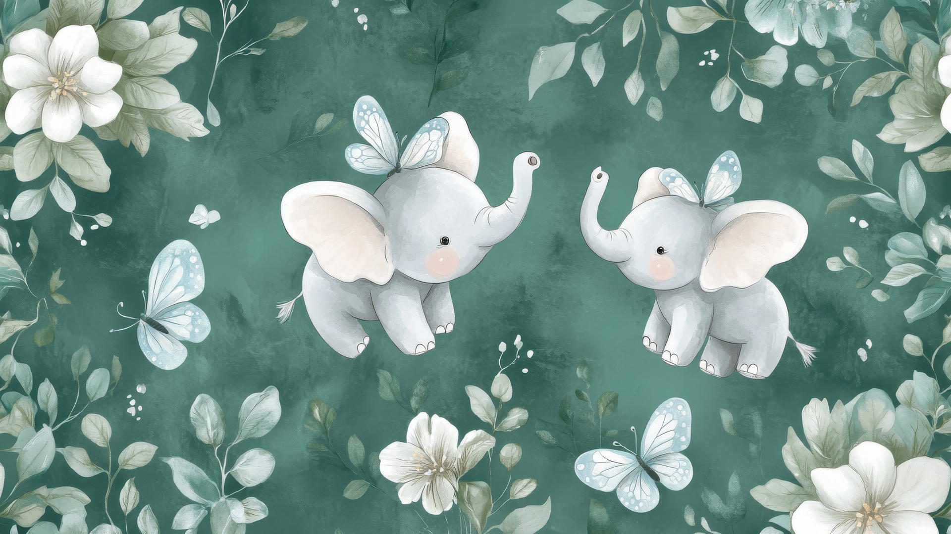 cute green wallpaper with tiny elephants with butterfly wings