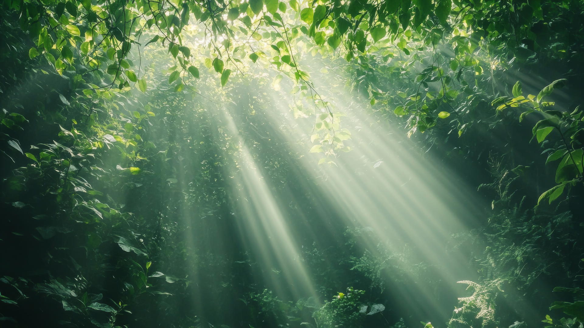 Aesthetic green wallpaper with soft-focus lush green forest and sun rays.