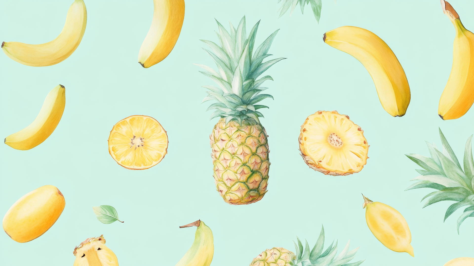 light green wallpaper with playful illustrations of tropical fruits