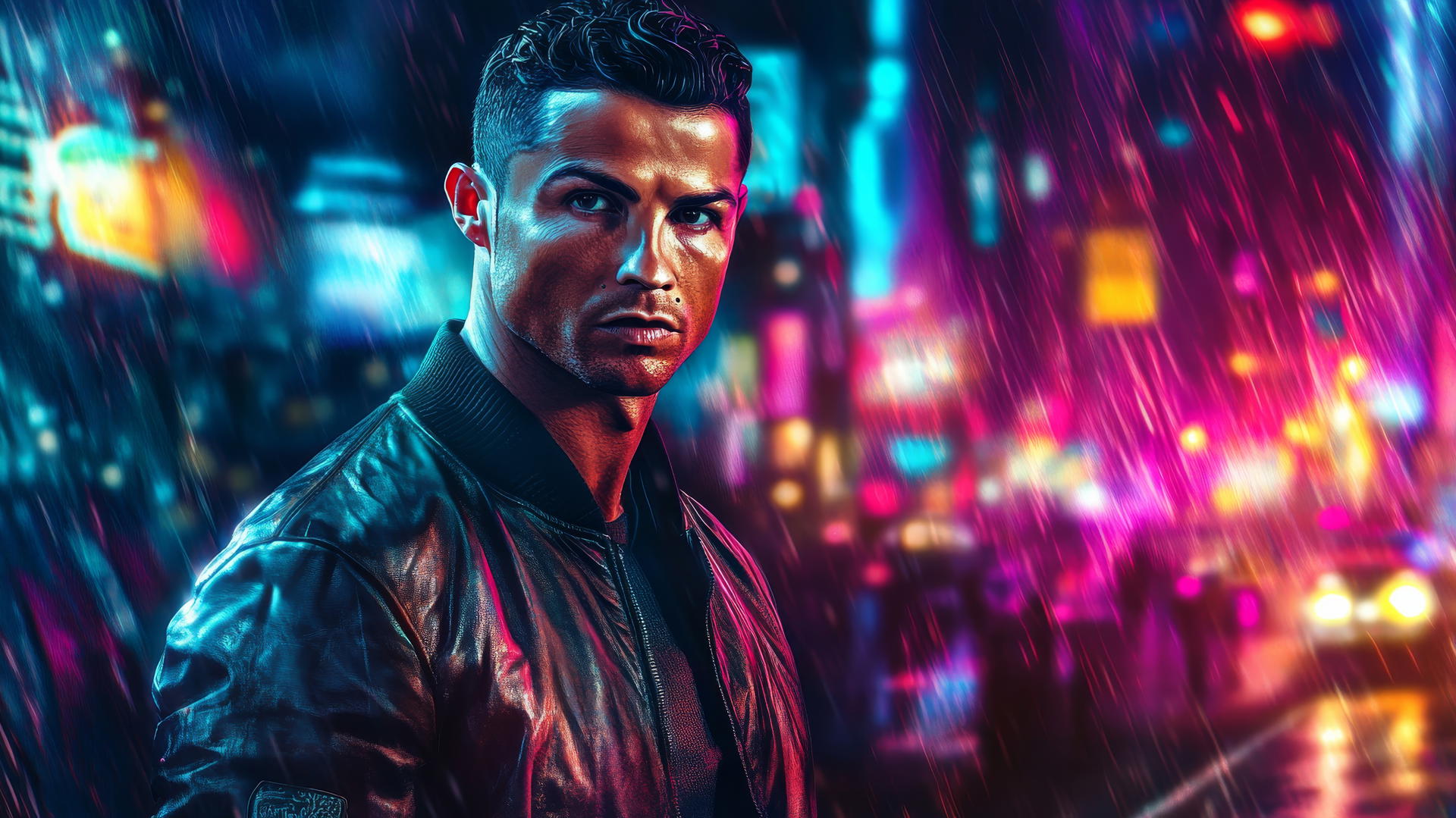 cool ronaldo wallpaper 4k, Ronaldo in a leather jacket in front of neon-lit cityscape at night
