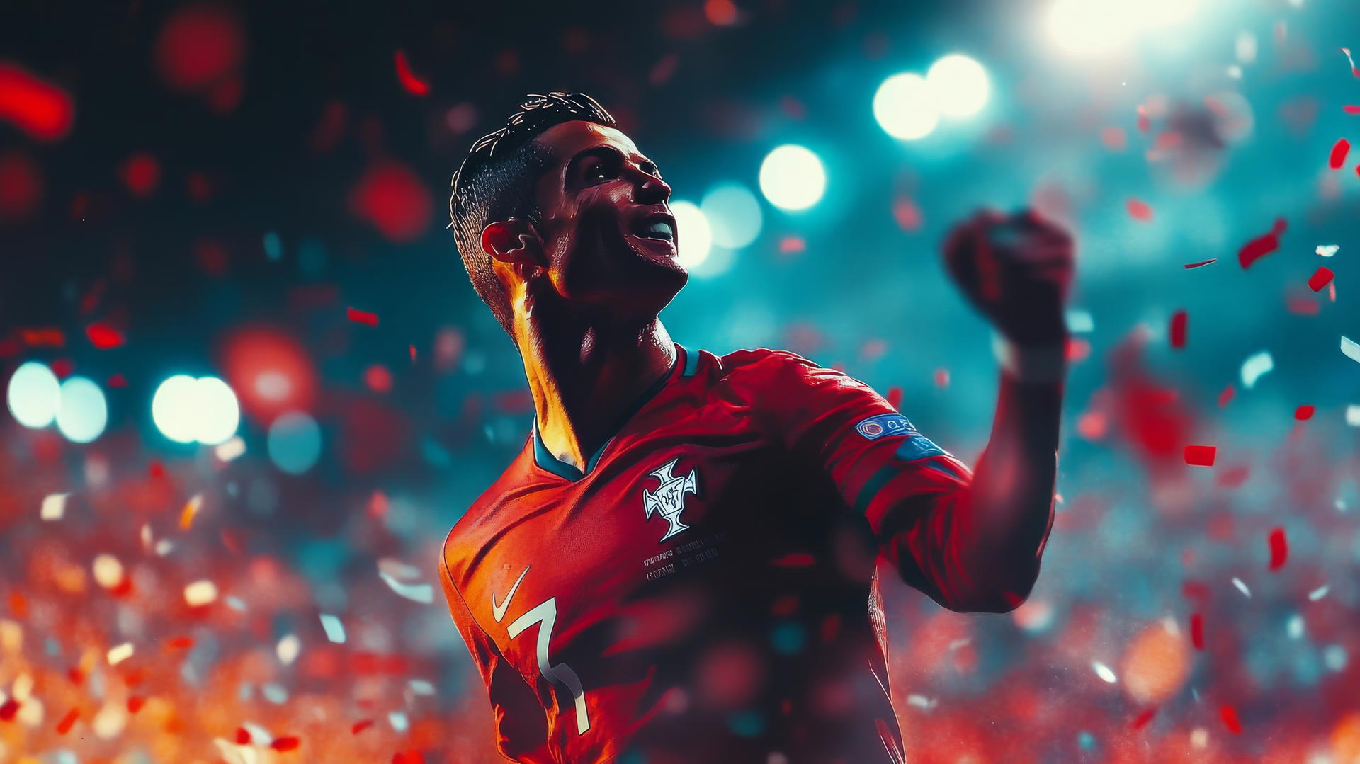Cristiano Ronaldo celebrating a goal with confetti and spotlight, 4K wallpaper