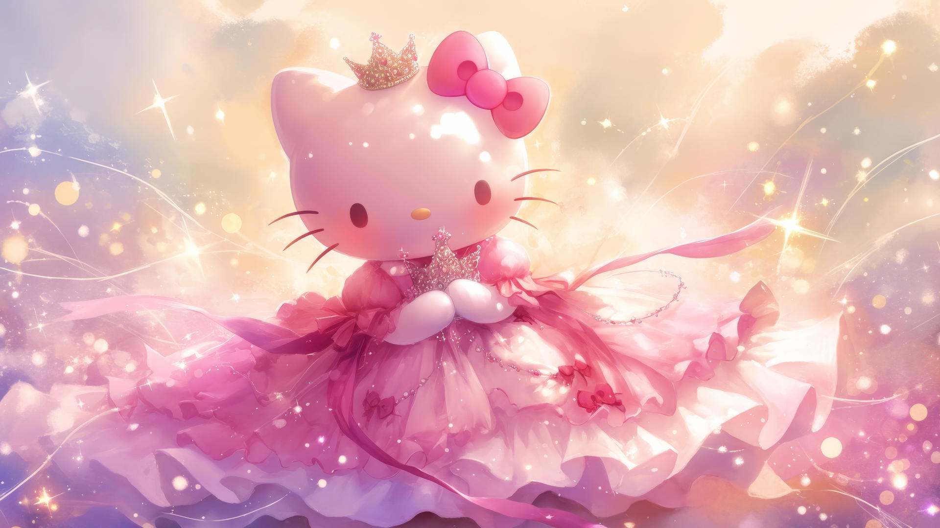 A cute Hello Kitty wallpaper with Hello Kitty in a princess dress, sitting on a cushion with a crown, surrounded by sparkles and fairy lights.