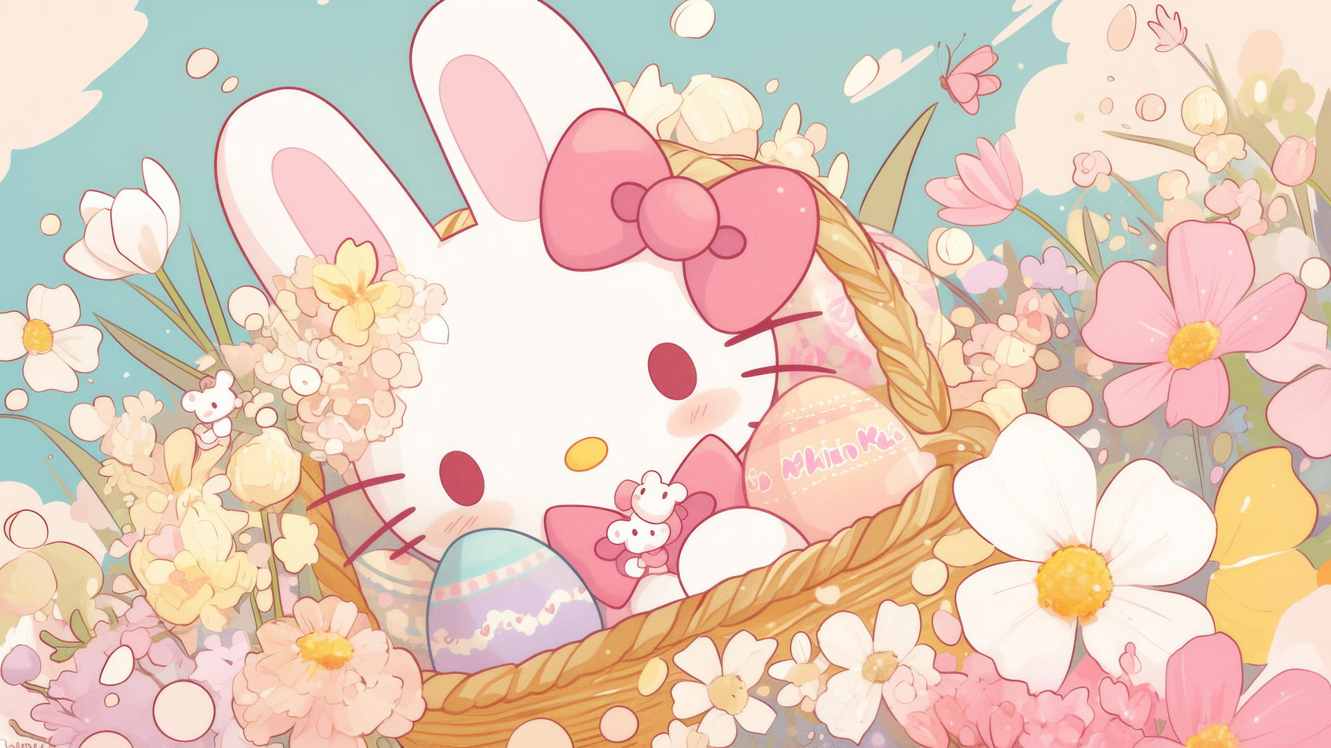 Cute Hello Kitty wallpaper with her in a bunny costume in a basket of Easter eggs