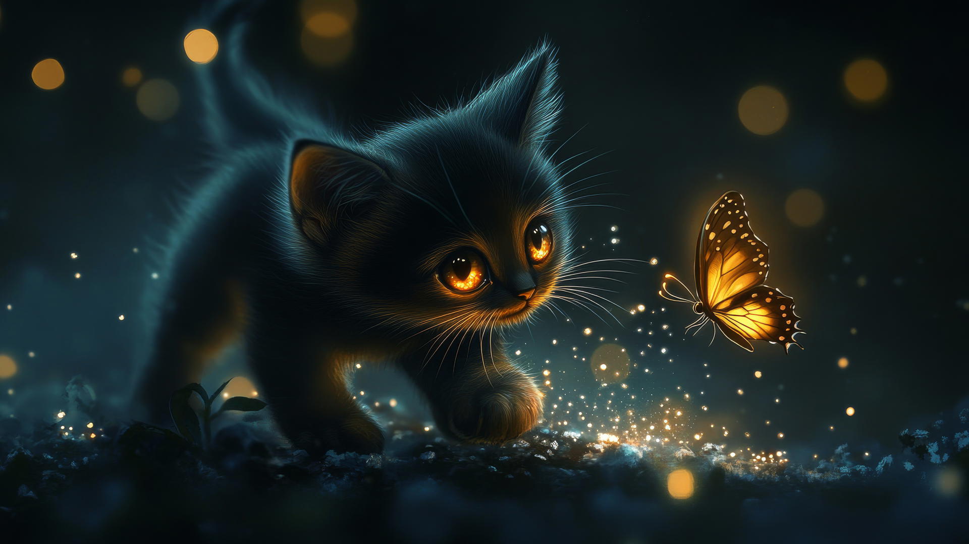black cute wallpaper with a tiny cartoon kitten chasing a butterfly