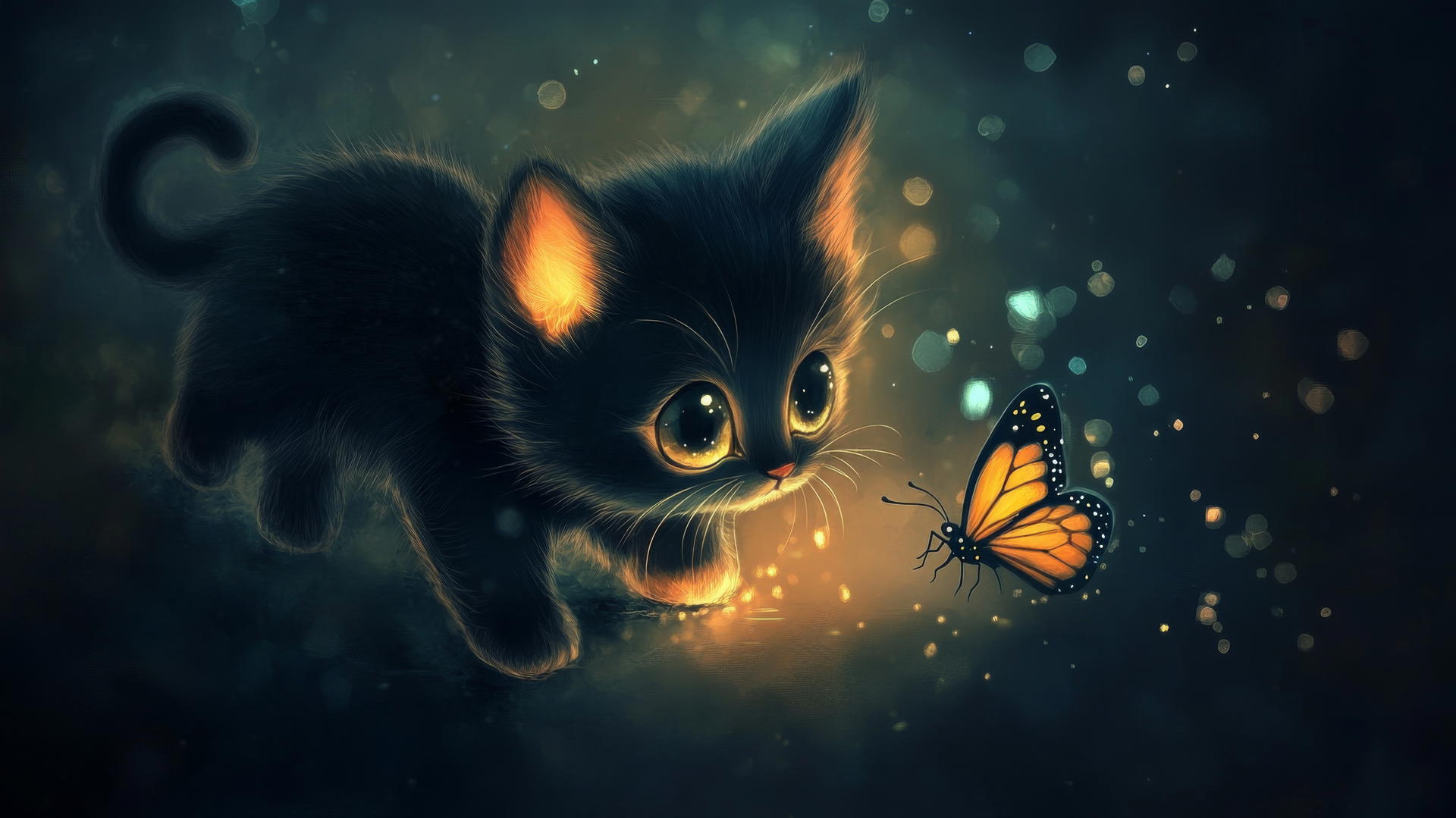 Black cute wallpaper with tiny cartoon kitten chasing butterfly on dark background