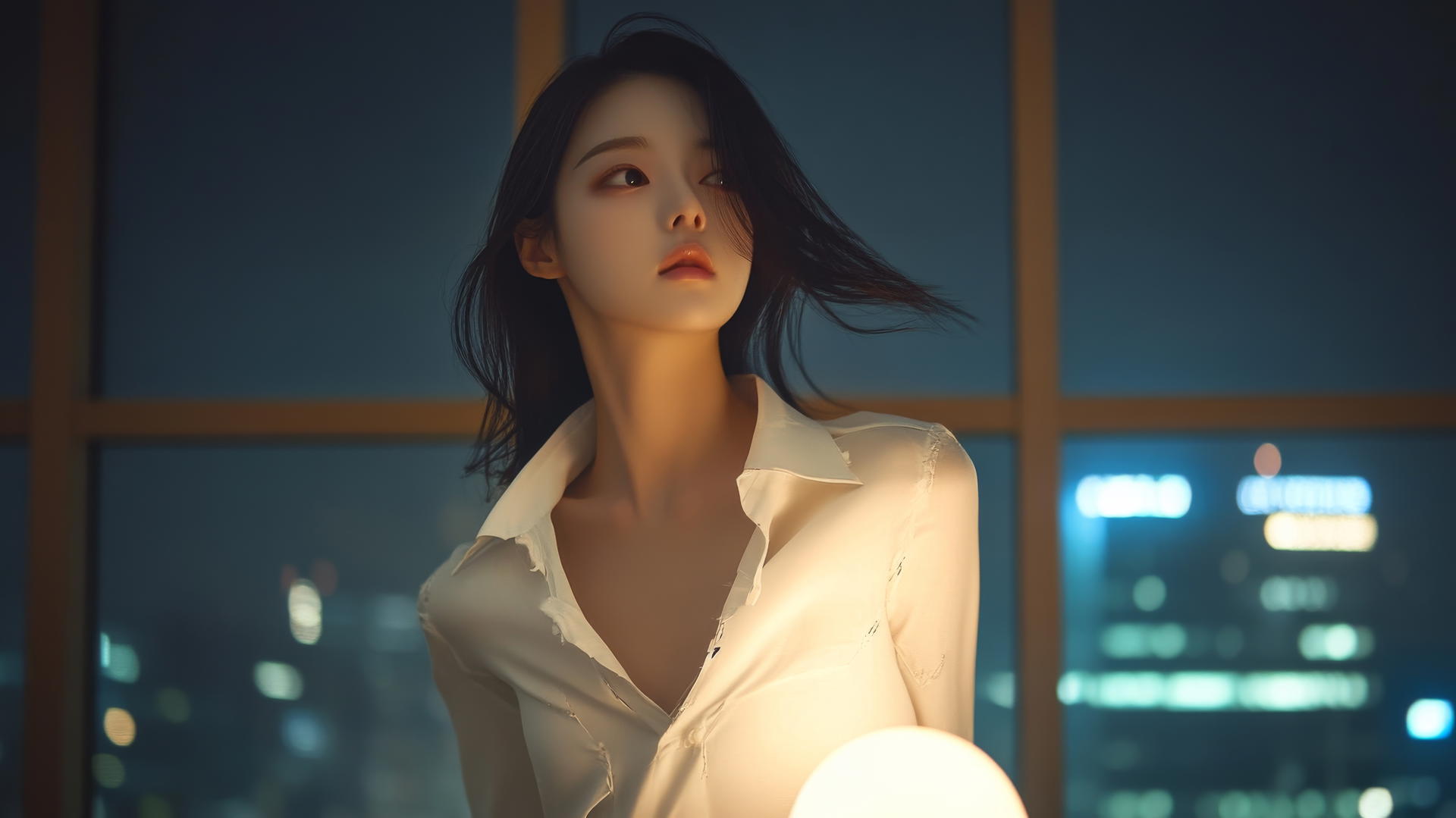 Dancing Korean pop star in white shirt by nighttime cityscape
