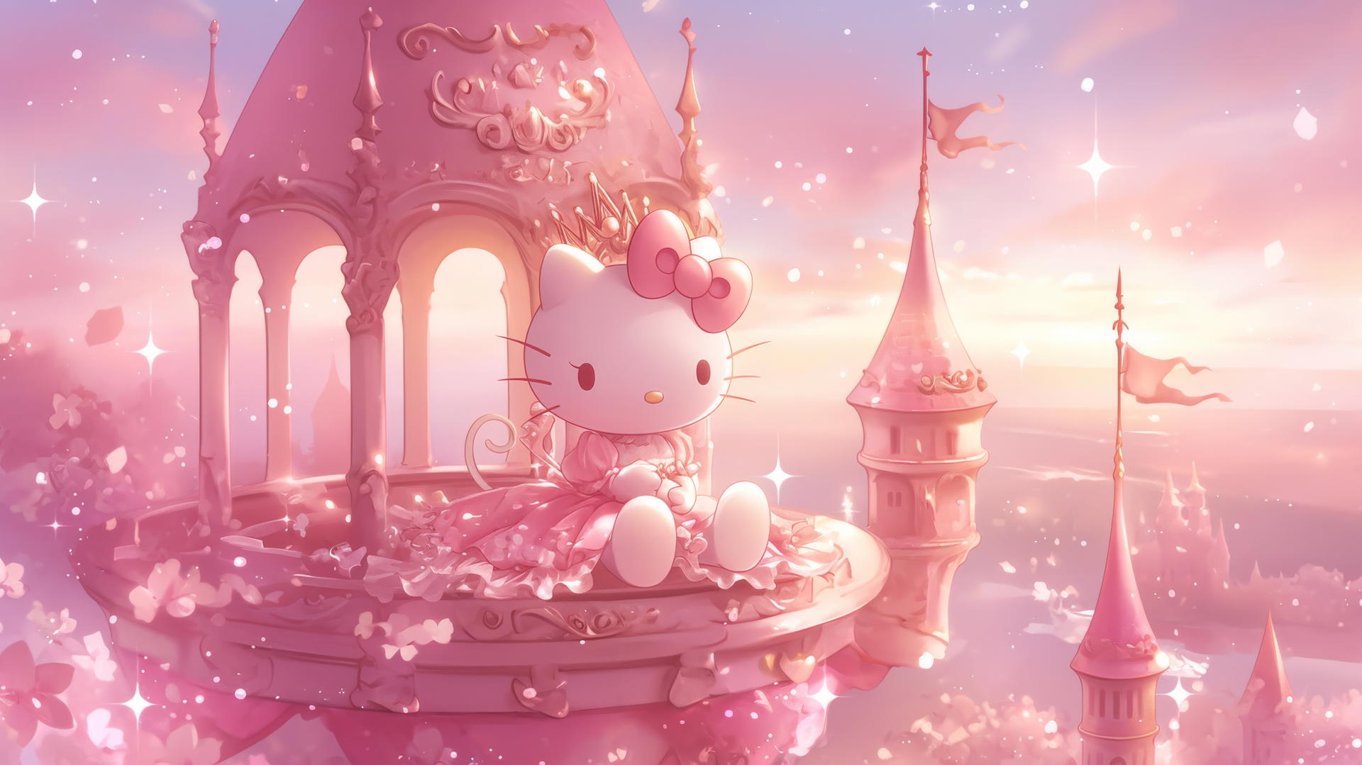 Pink Hello Kitty wallpaper with Hello Kitty as a princess in a pink castle.